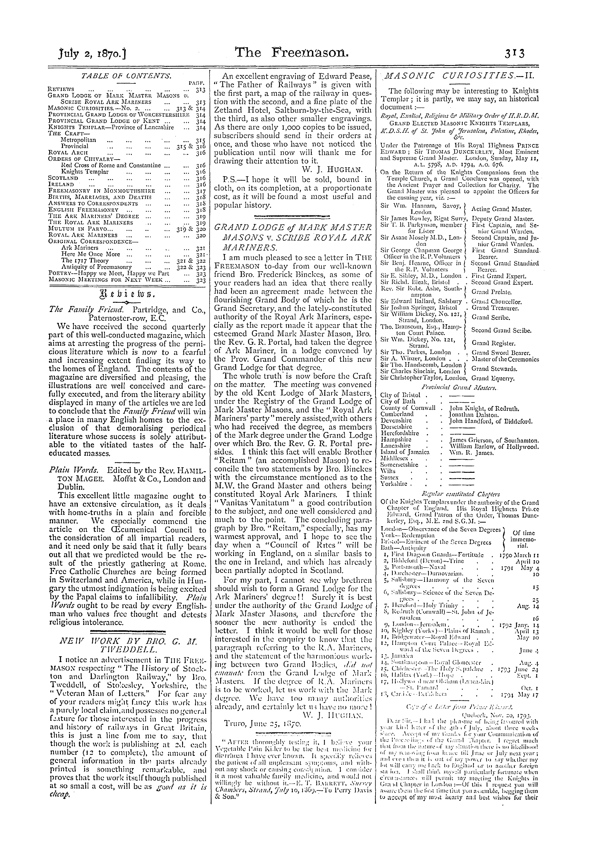 The Freemason: 1870-07-02 - Table Of Contents.