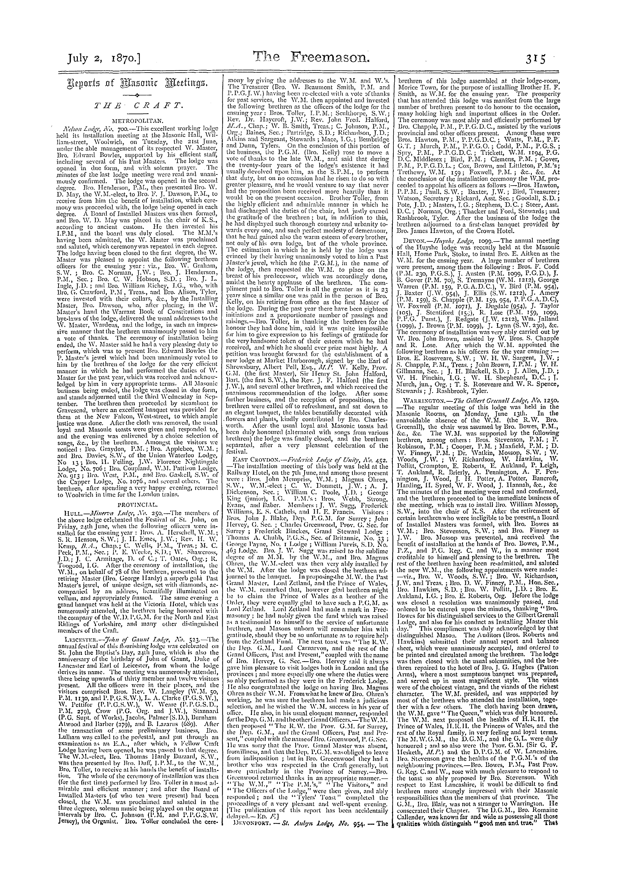 The Freemason: 1870-07-02 - Reports Of Masonic Meetings.