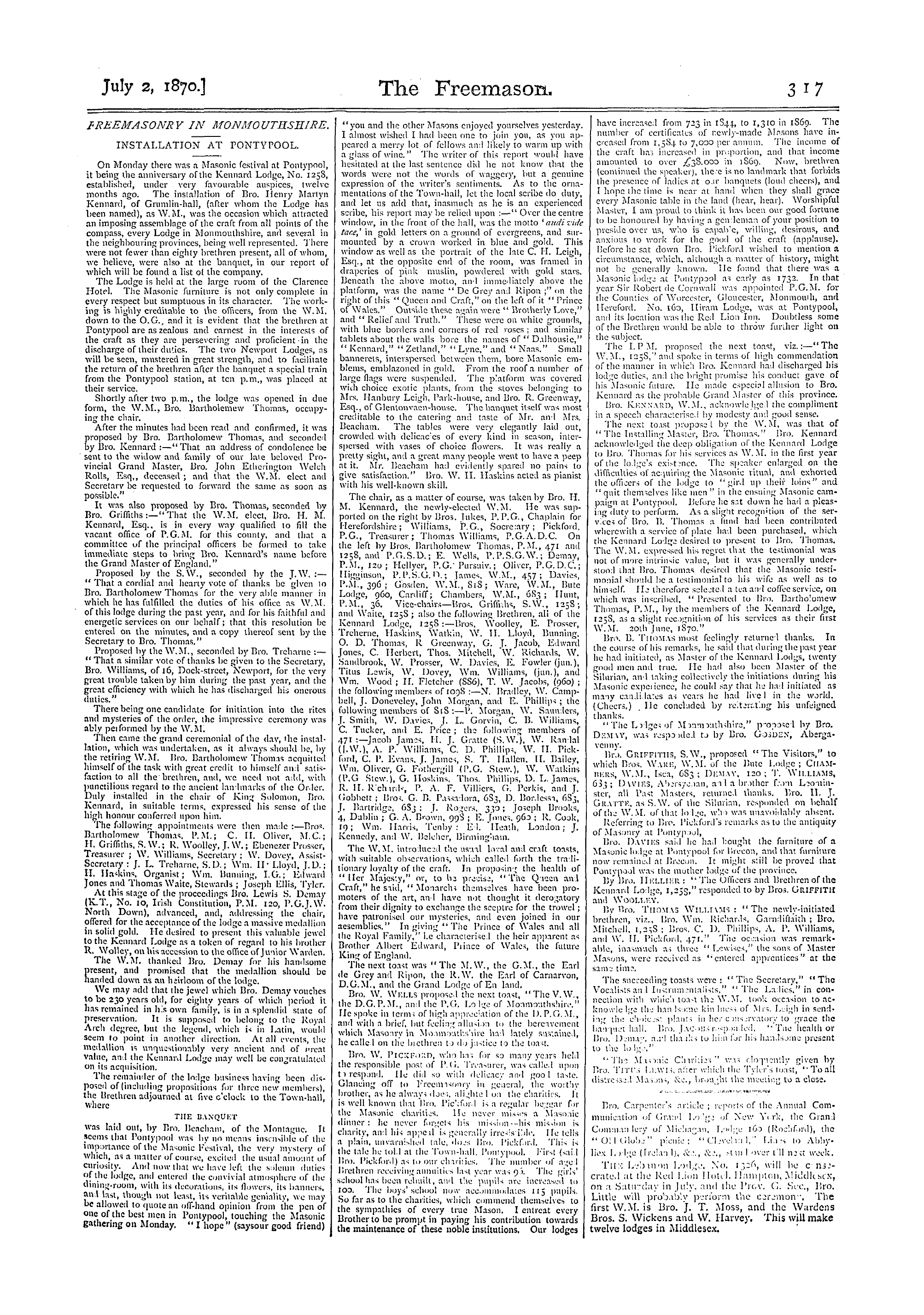 The Freemason: 1870-07-02 - Freemasonry In Monmouthshire.