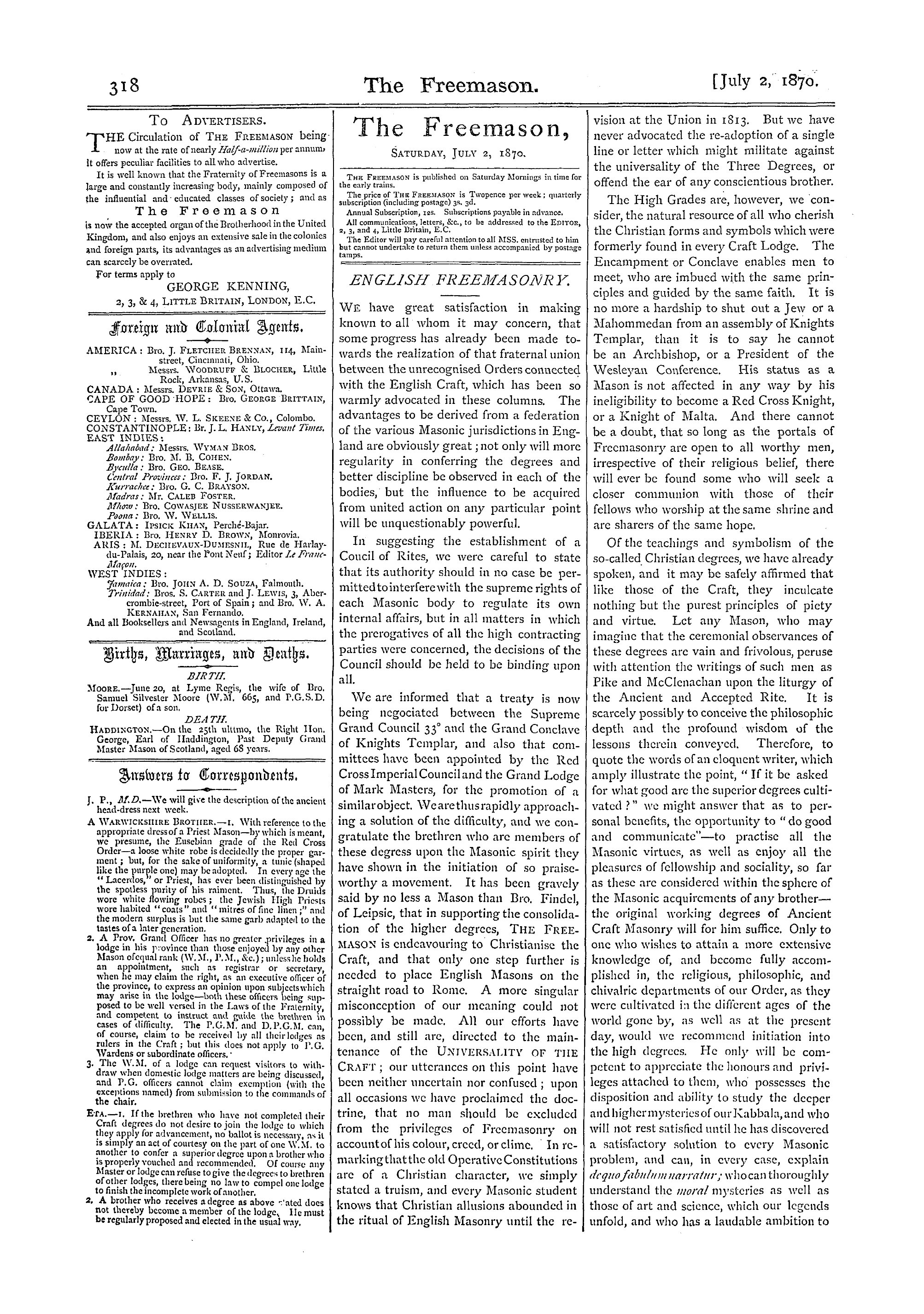 The Freemason: 1870-07-02 - English Freemasonry.