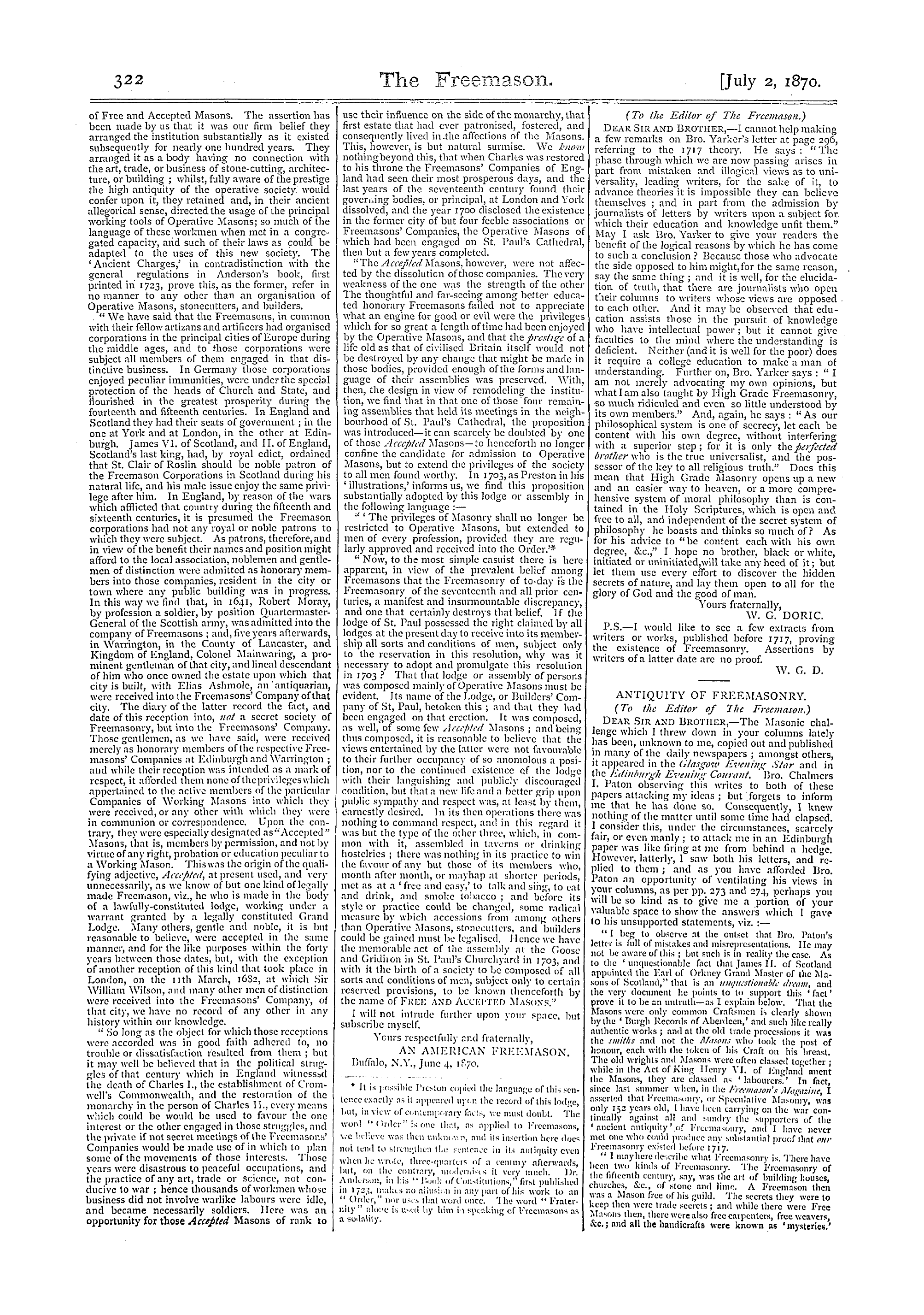 The Freemason: 1870-07-02 - Original Correspondence.