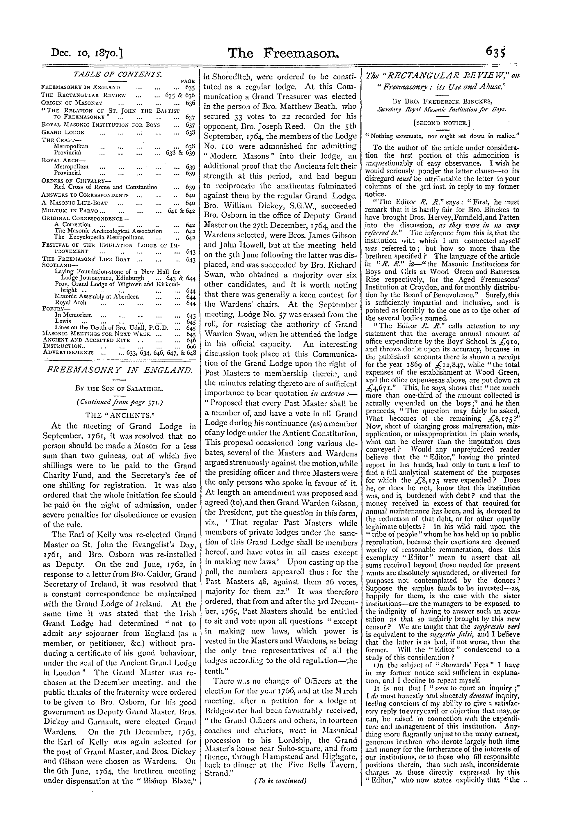 The Freemason: 1870-12-10 - The "Rectangular Review," On " Freemasonry : Its Use And Abuse."