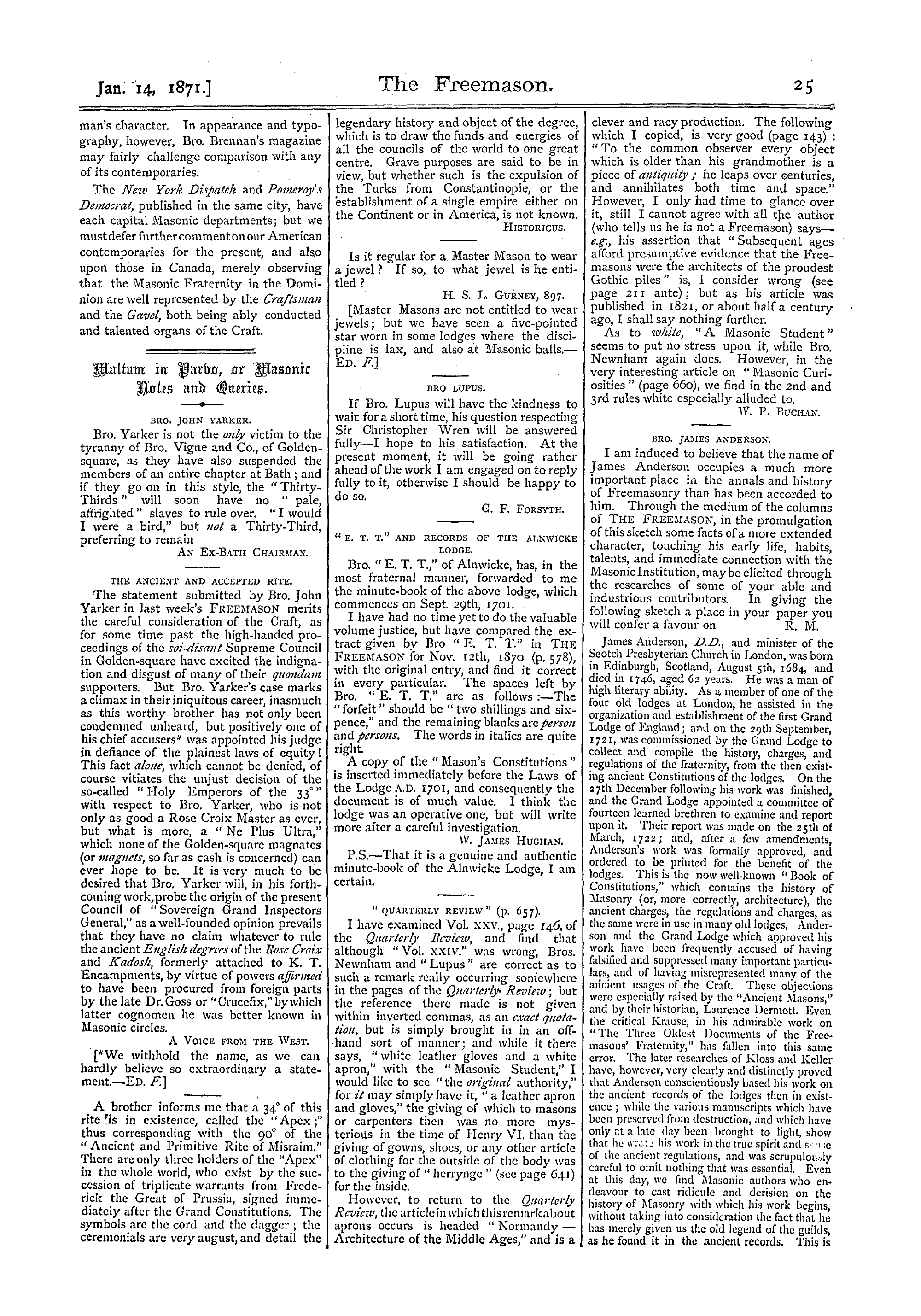 The Freemason: 1871-01-14 - Our American Contemporaries.