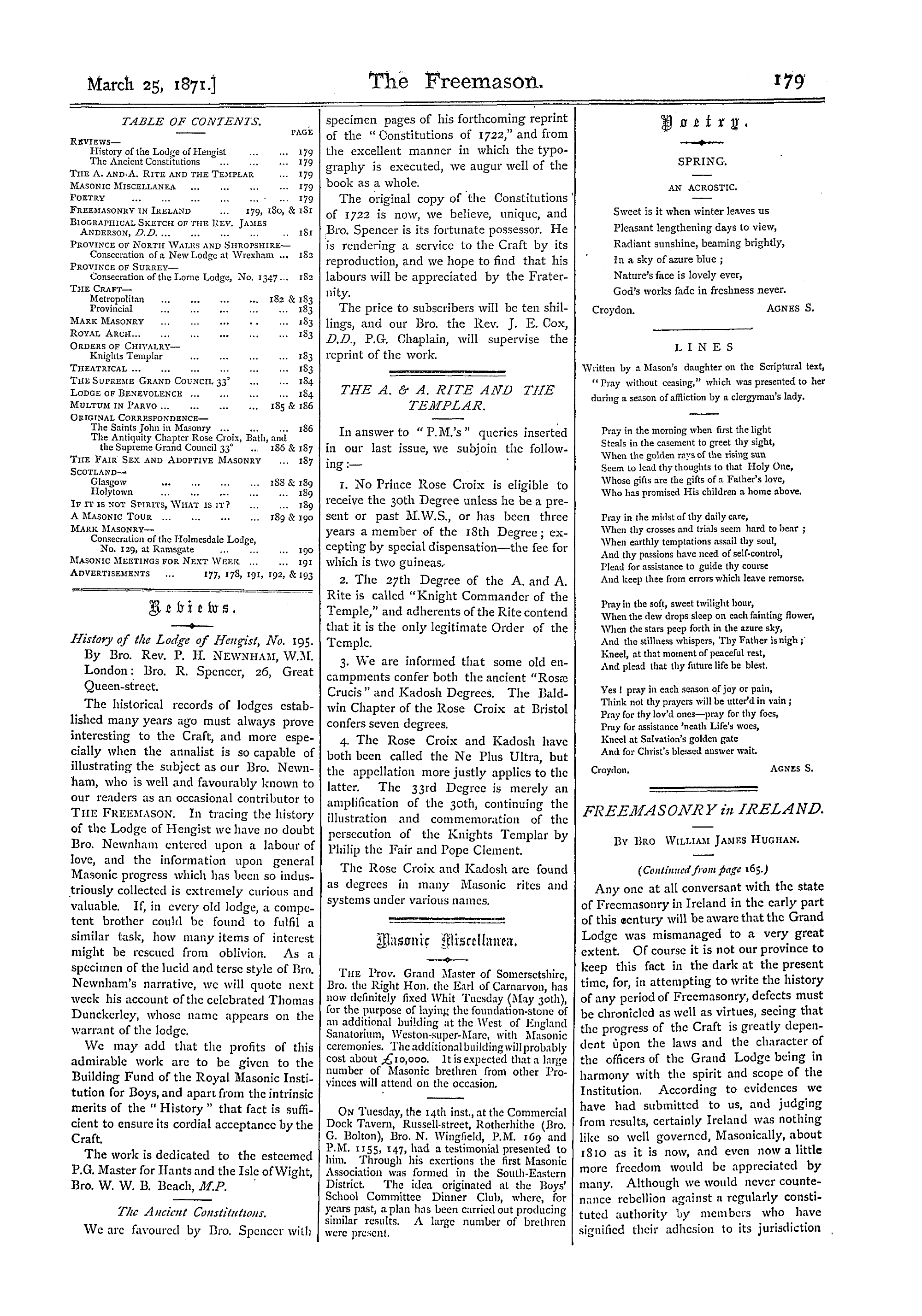 The Freemason: 1871-03-25 - Table Of Contents.