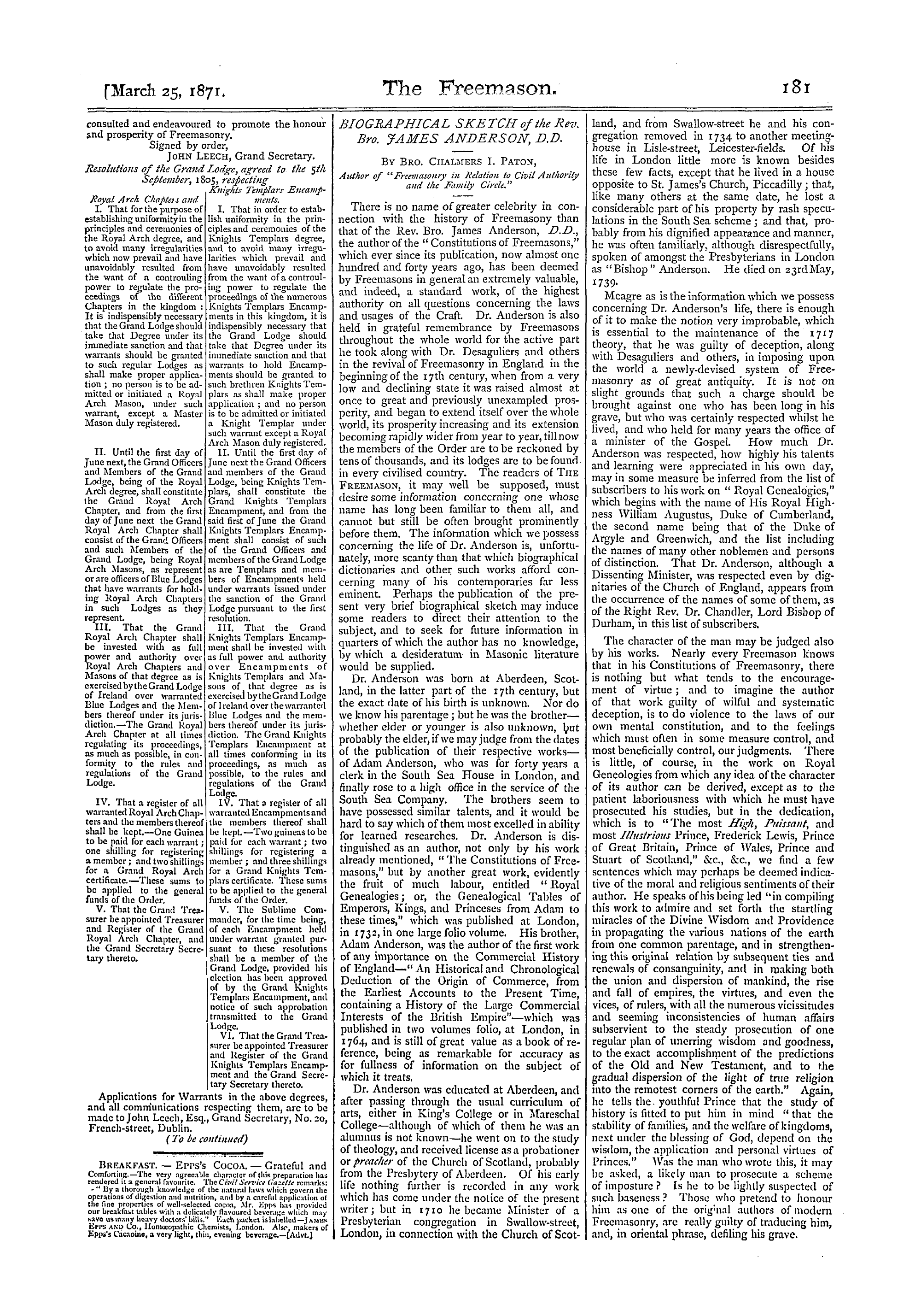 The Freemason: 1871-03-25 - Freemasonry In Ireland.