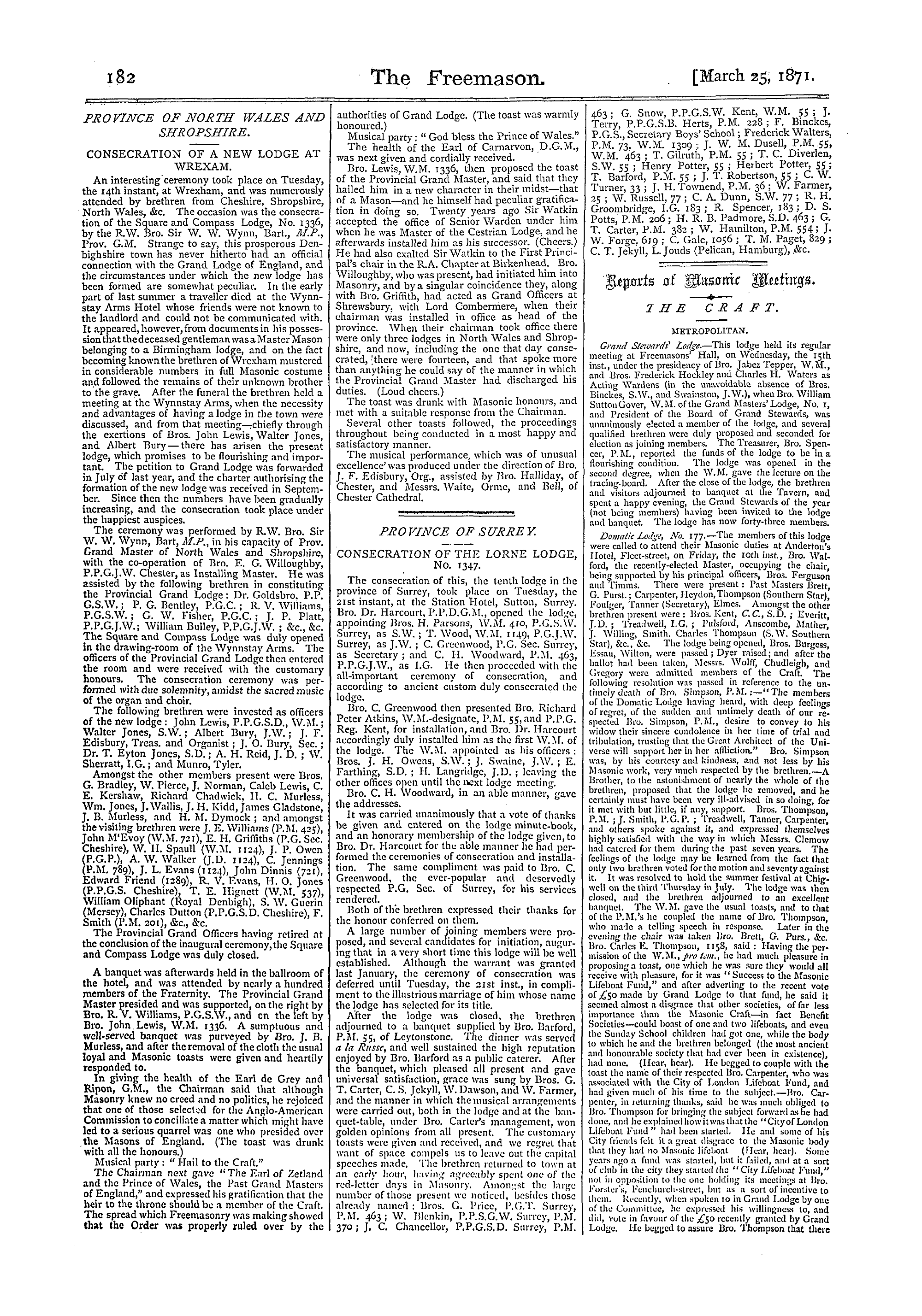 The Freemason: 1871-03-25 - Reports Of Masonic Meetings.