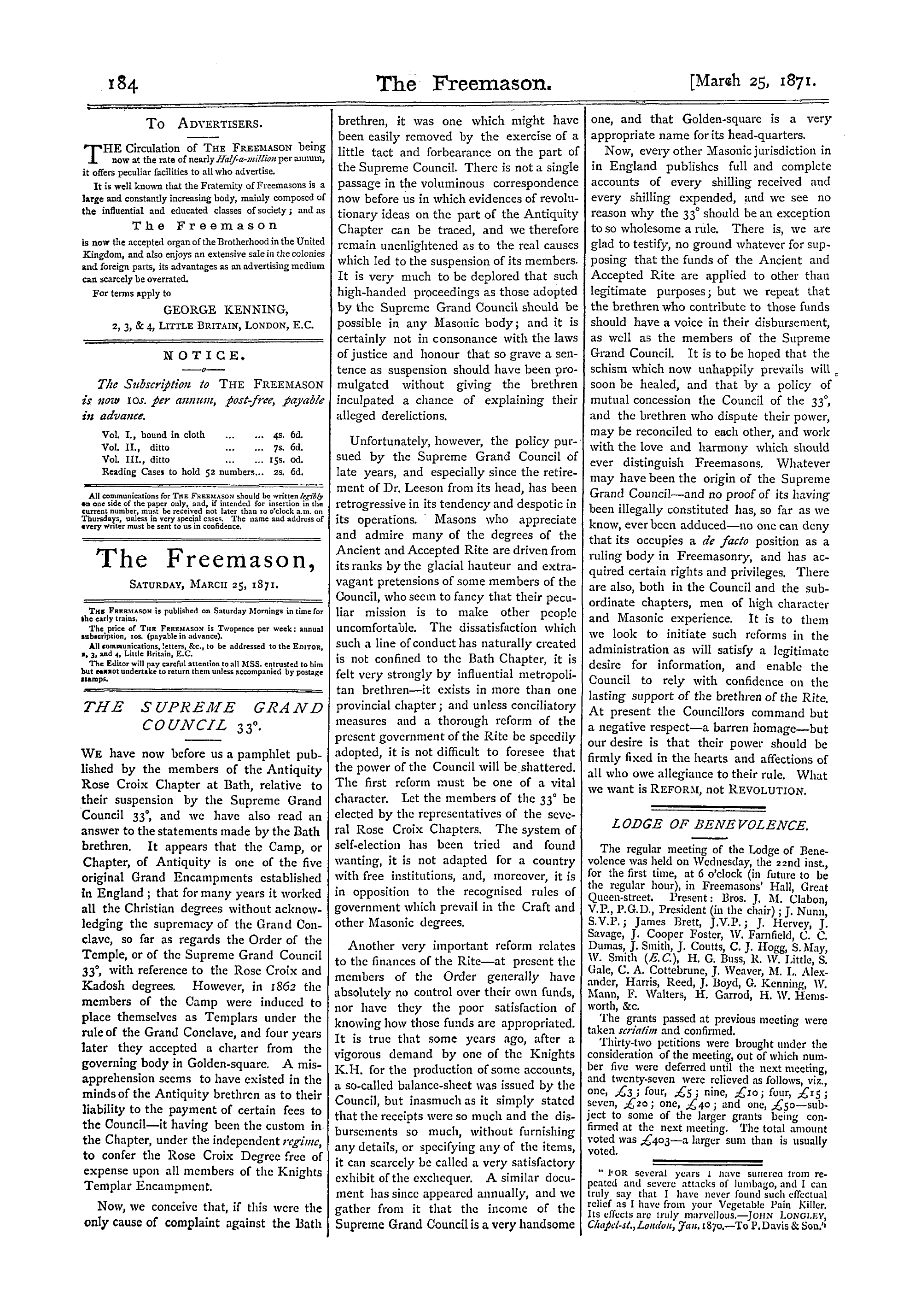 The Freemason: 1871-03-25 - Lodge Of Benevolence.