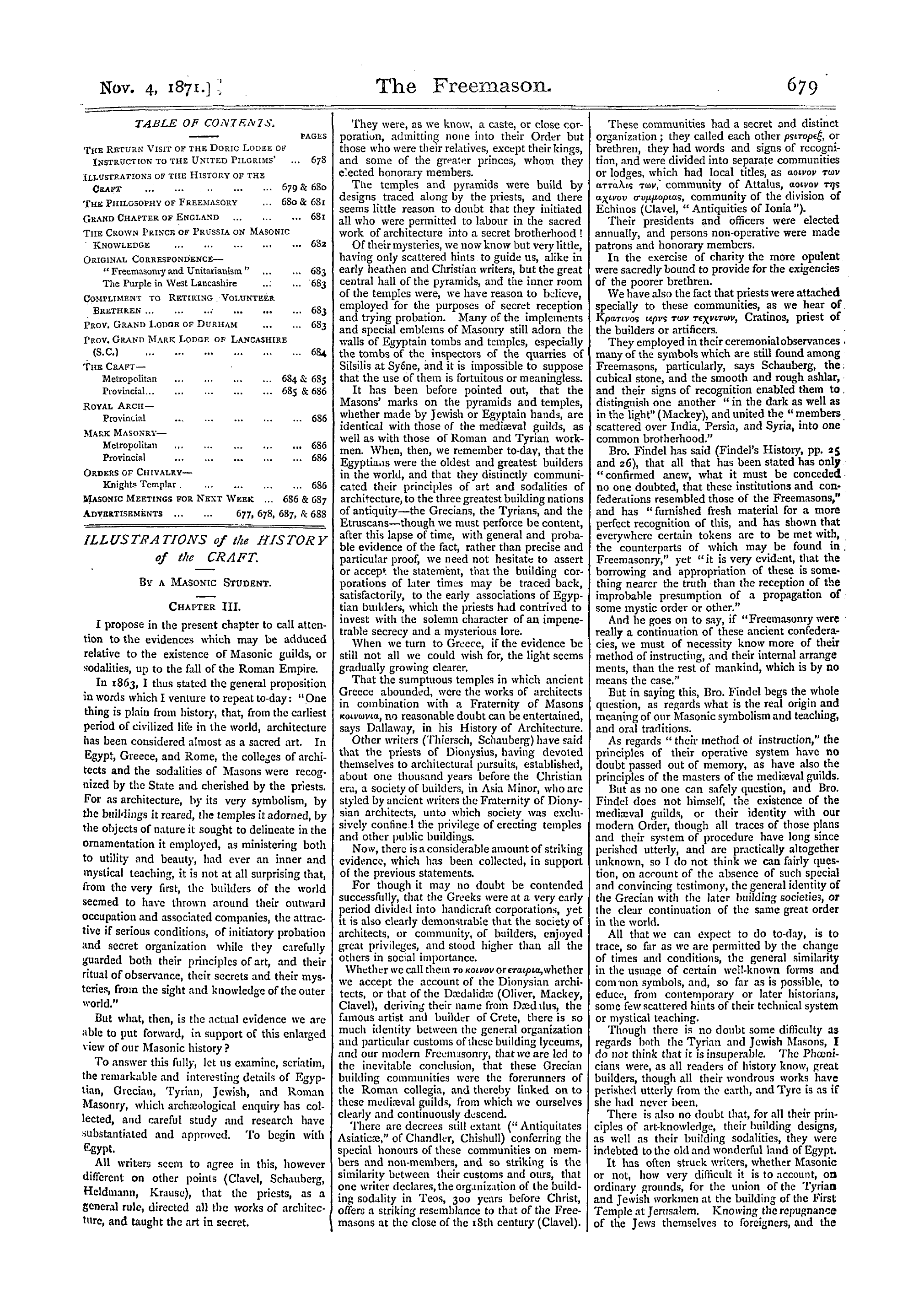 The Freemason: 1871-11-04 - Illustrations Of The History Of The Craft.