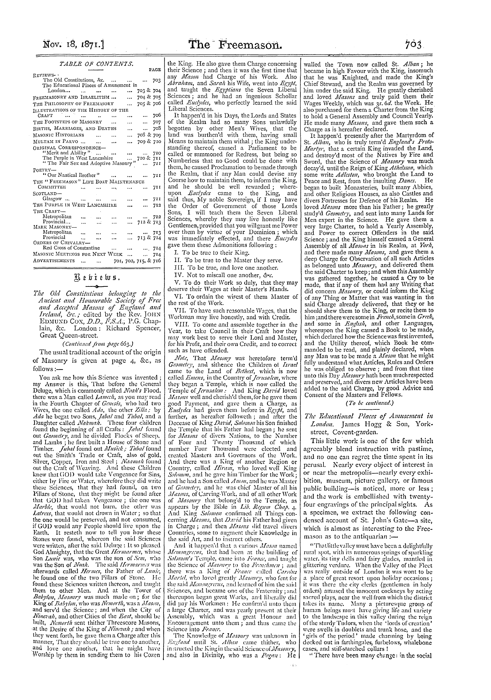 The Freemason: 1871-11-18 - Reviews.