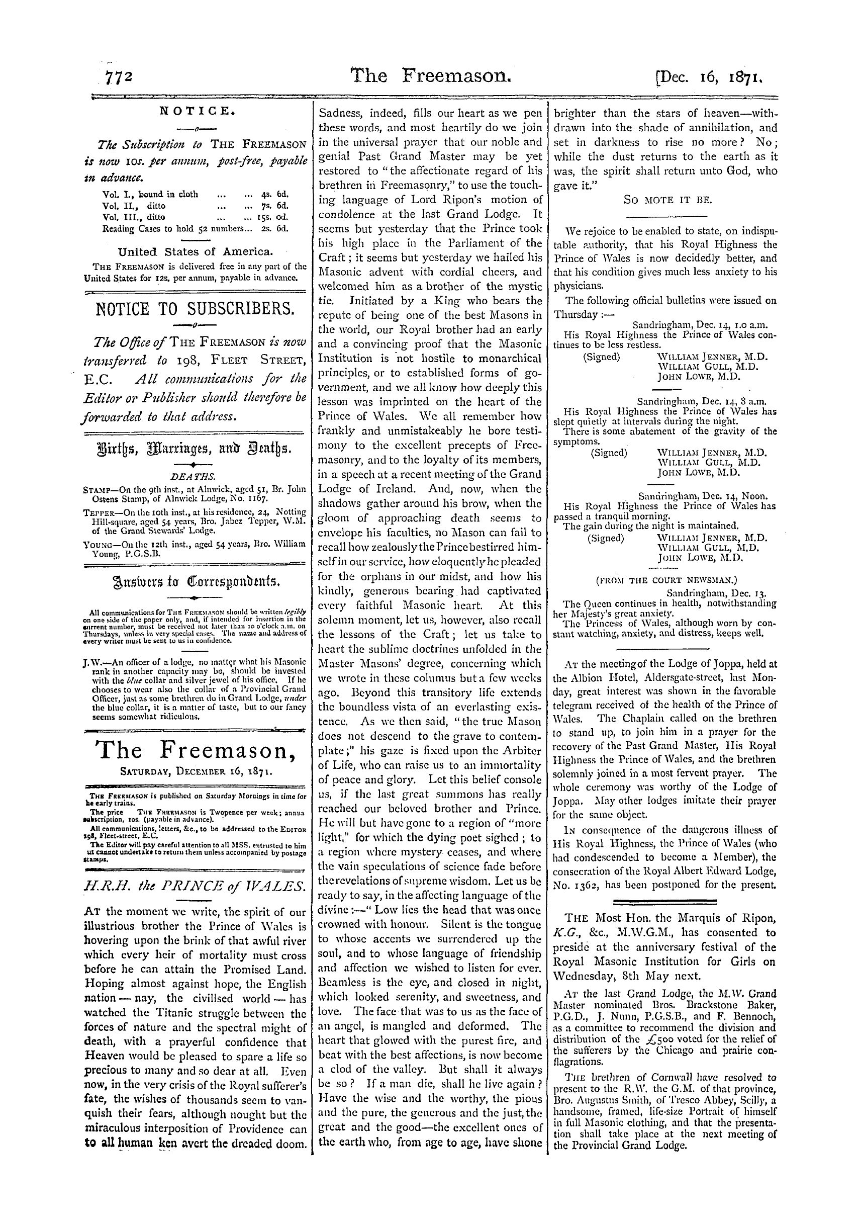 The Freemason: 1871-12-16 - H.R.H. The Prince Of Wales.