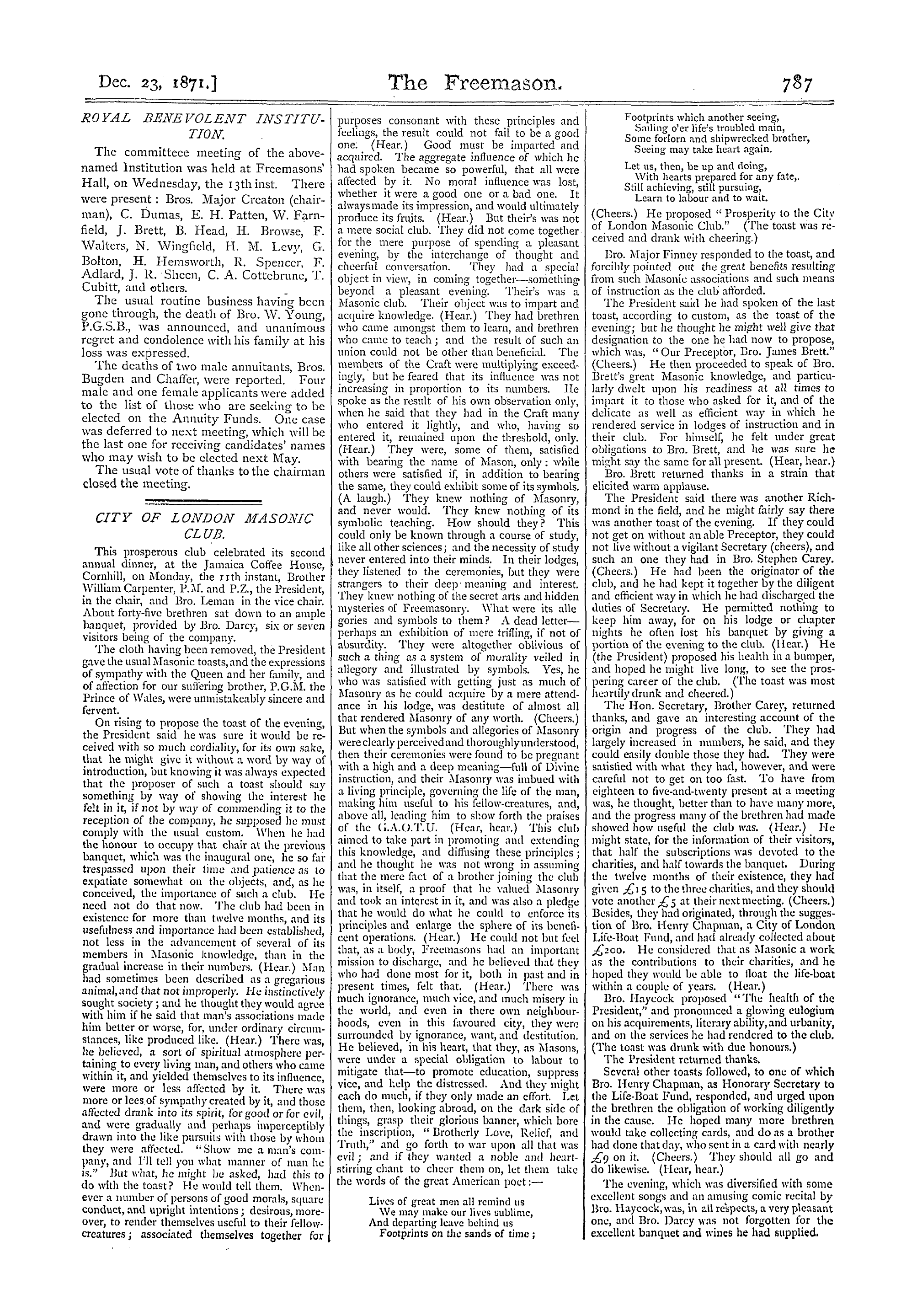 The Freemason: 1871-12-23 - City Of London Masonic Club.