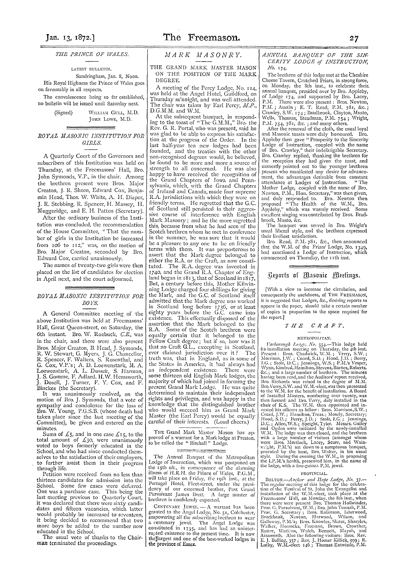 The Freemason: 1872-01-13 - Royal Masonic Institution Foe Girls.