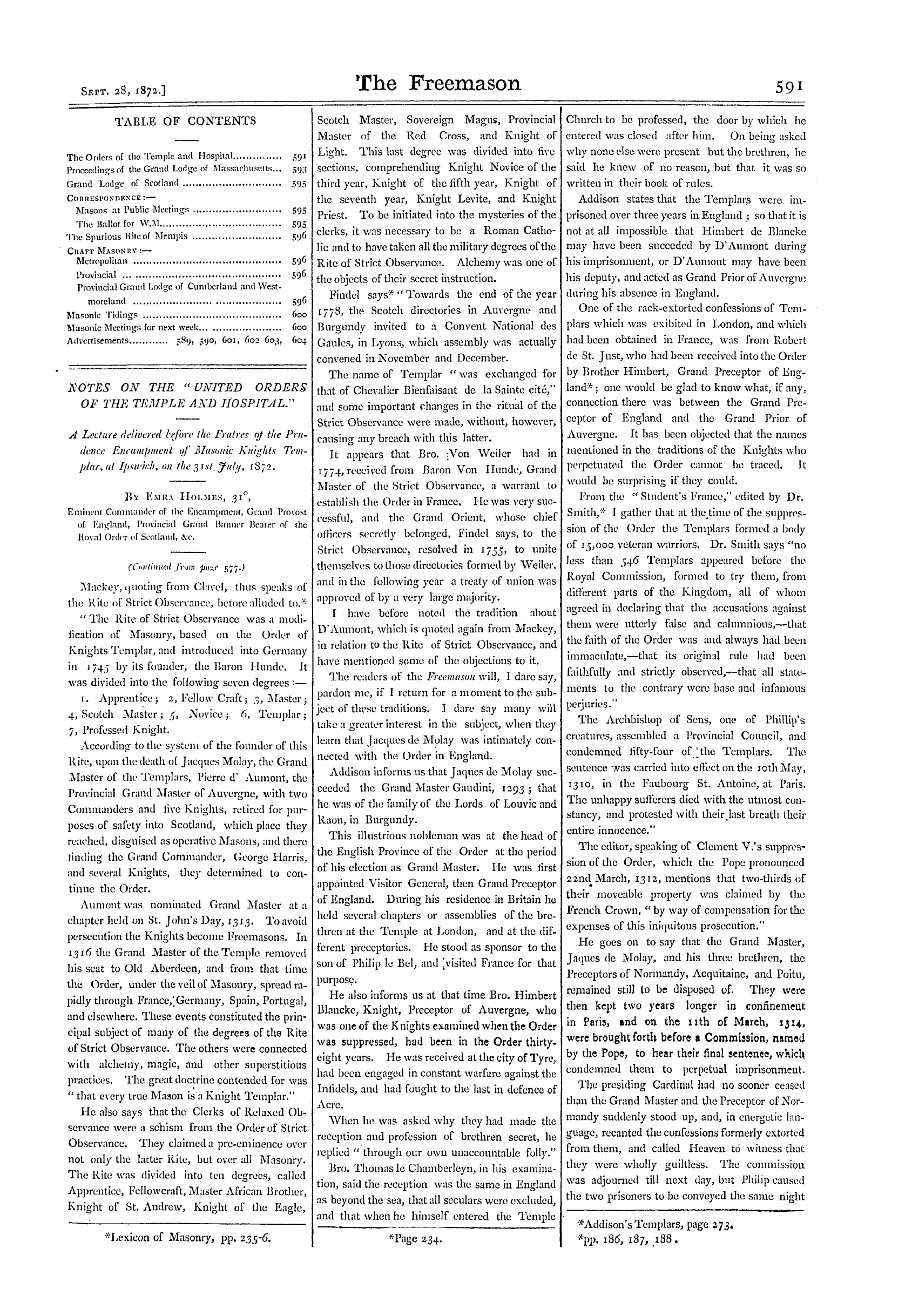 The Freemason: 1872-09-28 - Notes On The "United Orders Of The Temple And Hospital."