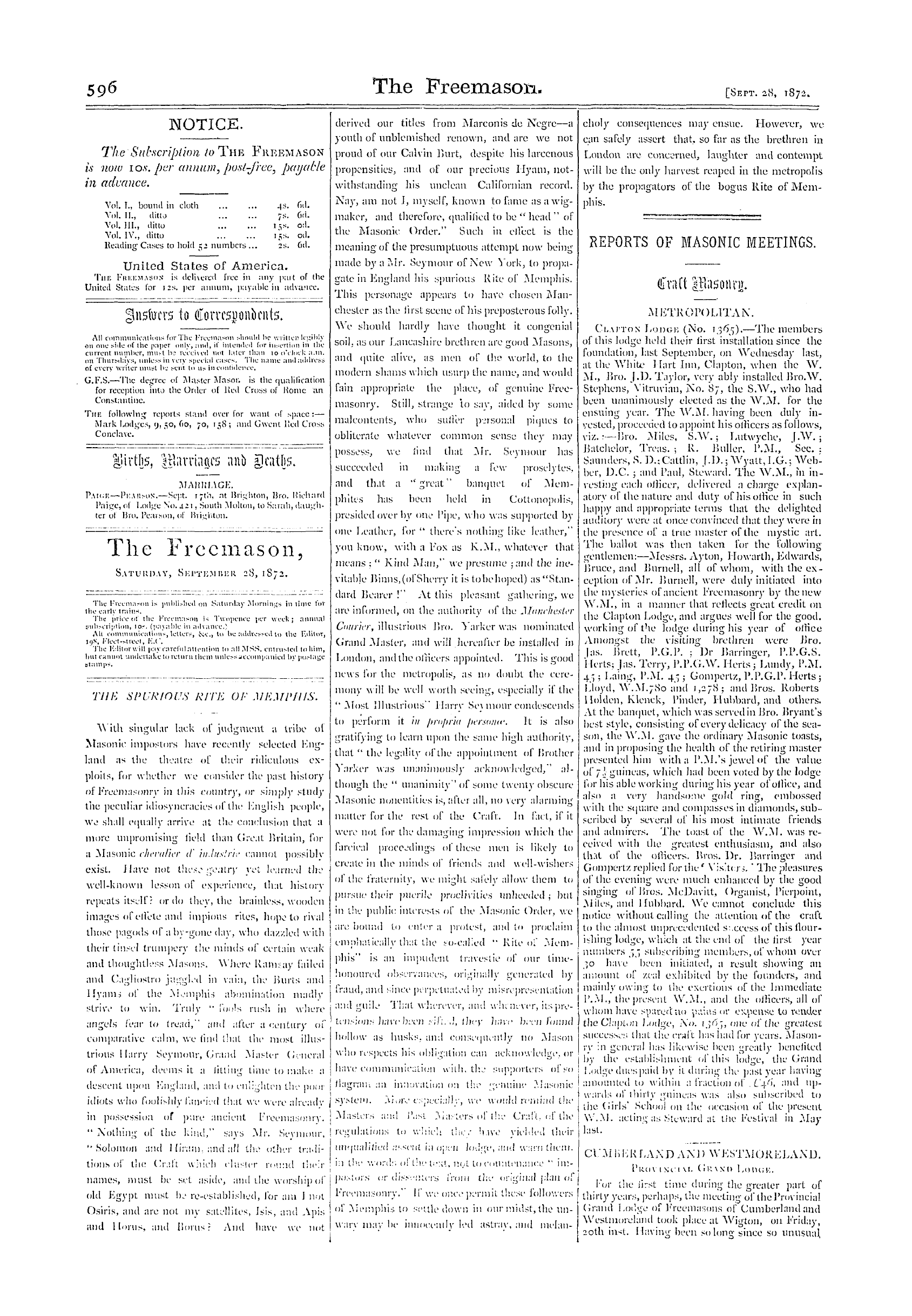 The Freemason: 1872-09-28 - Answers To Correspondents.