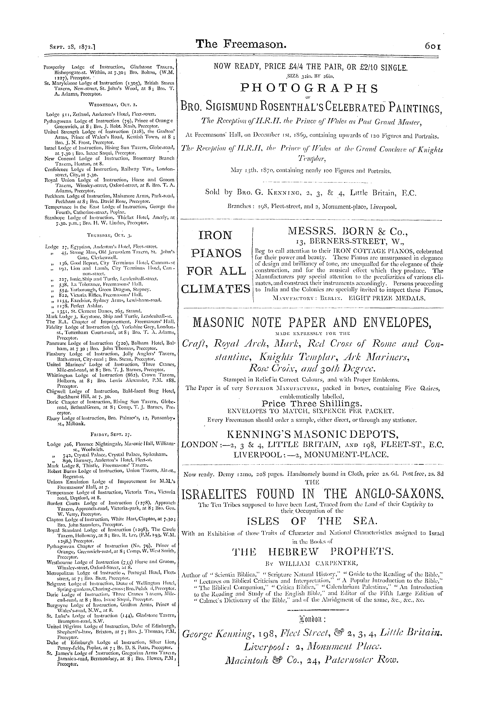 The Freemason: 1872-09-28 - Metropolitan Masonic Meetings.