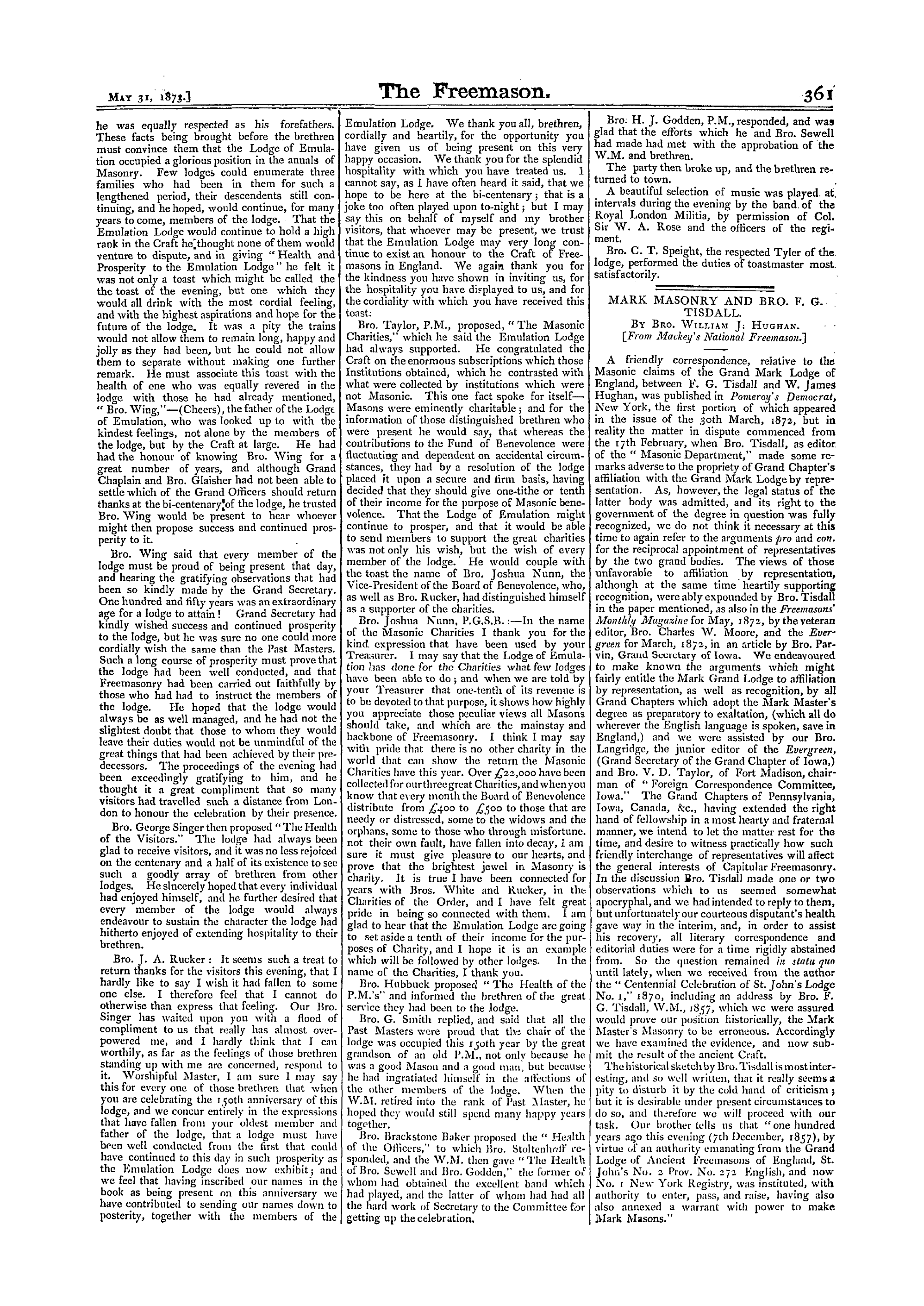 The Freemason: 1873-05-31 - Celebration Of The 150th. Anniversary Of The Lodge Of Emulation, No. 1.