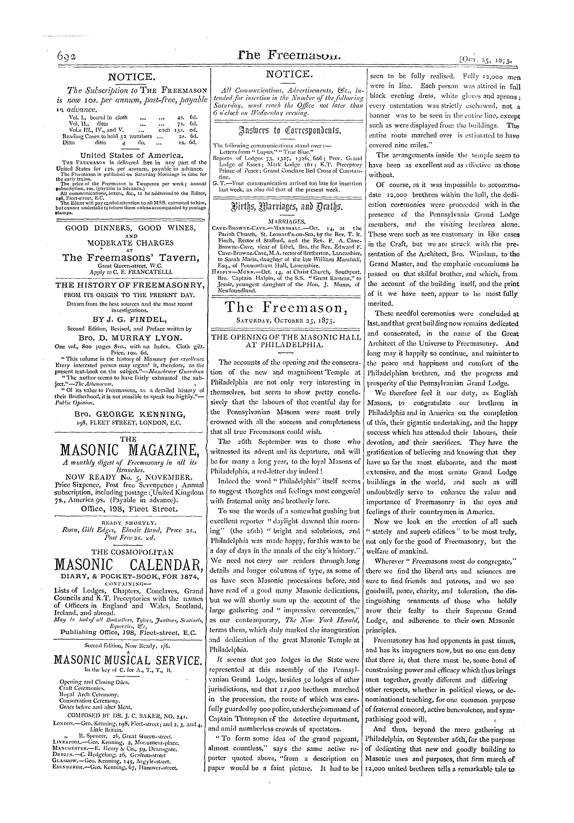 The Freemason: 1873-10-25 - Answers To Correspondents.