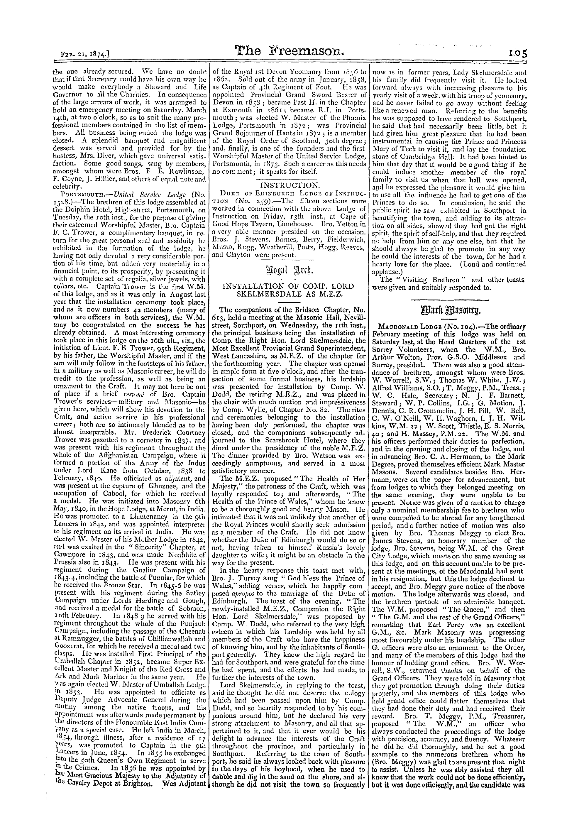 The Freemason: 1874-02-21 - Reports Of Masonic Meetings.