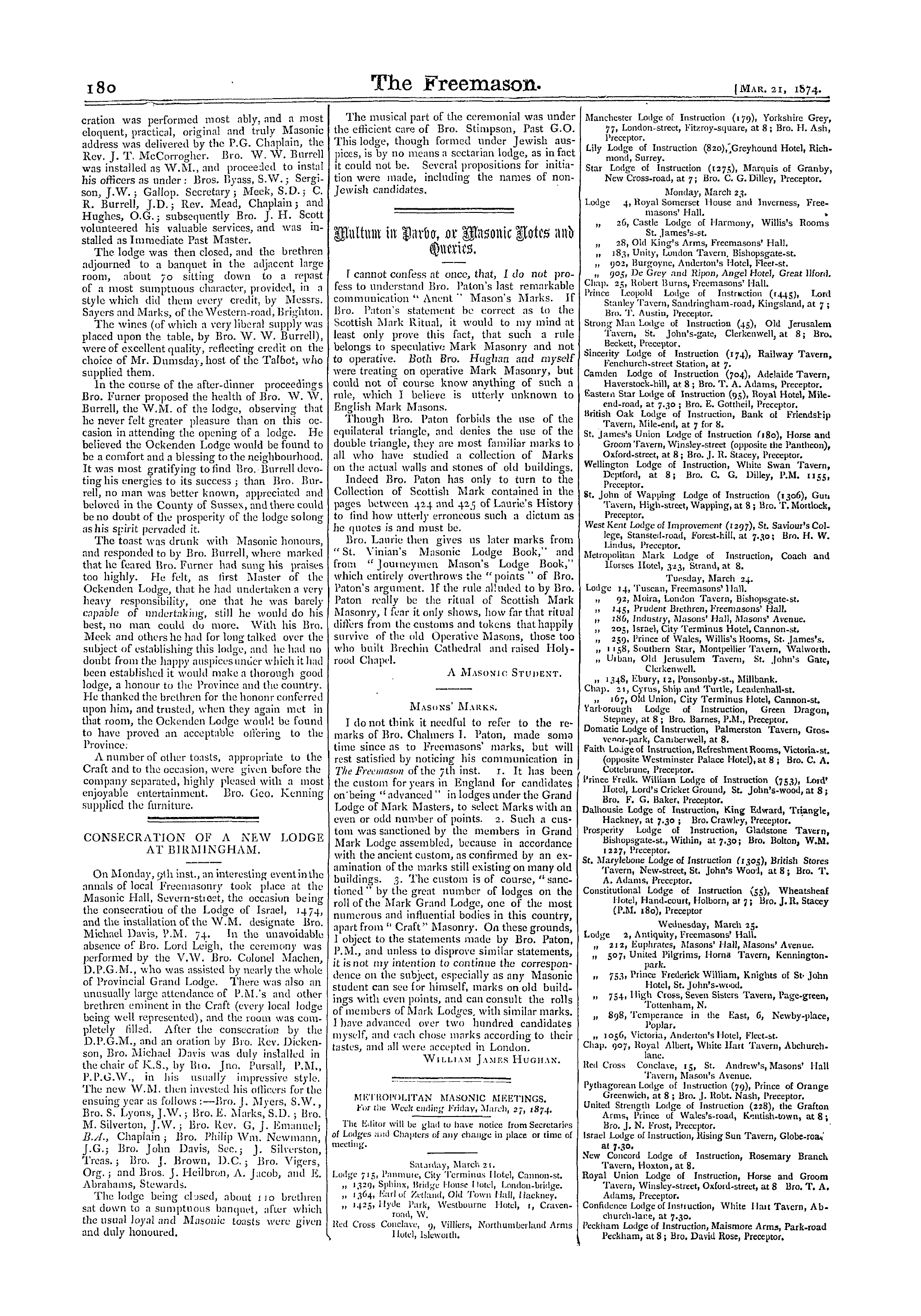 The Freemason: 1874-03-21 - Consecration Of A New Lodge At Birmingham.