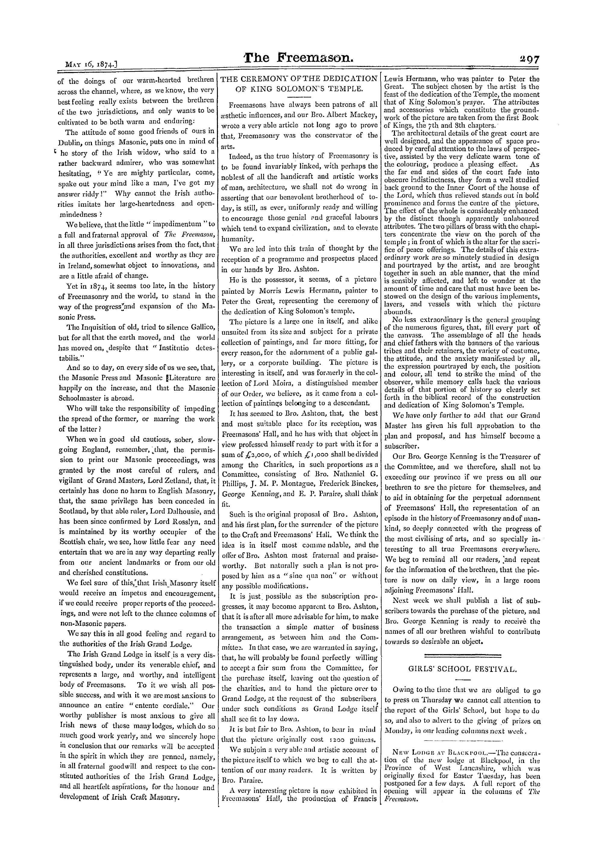 The Freemason: 1874-05-16 - The Ceremony Of The Dedication Of King Solomon's Temple.