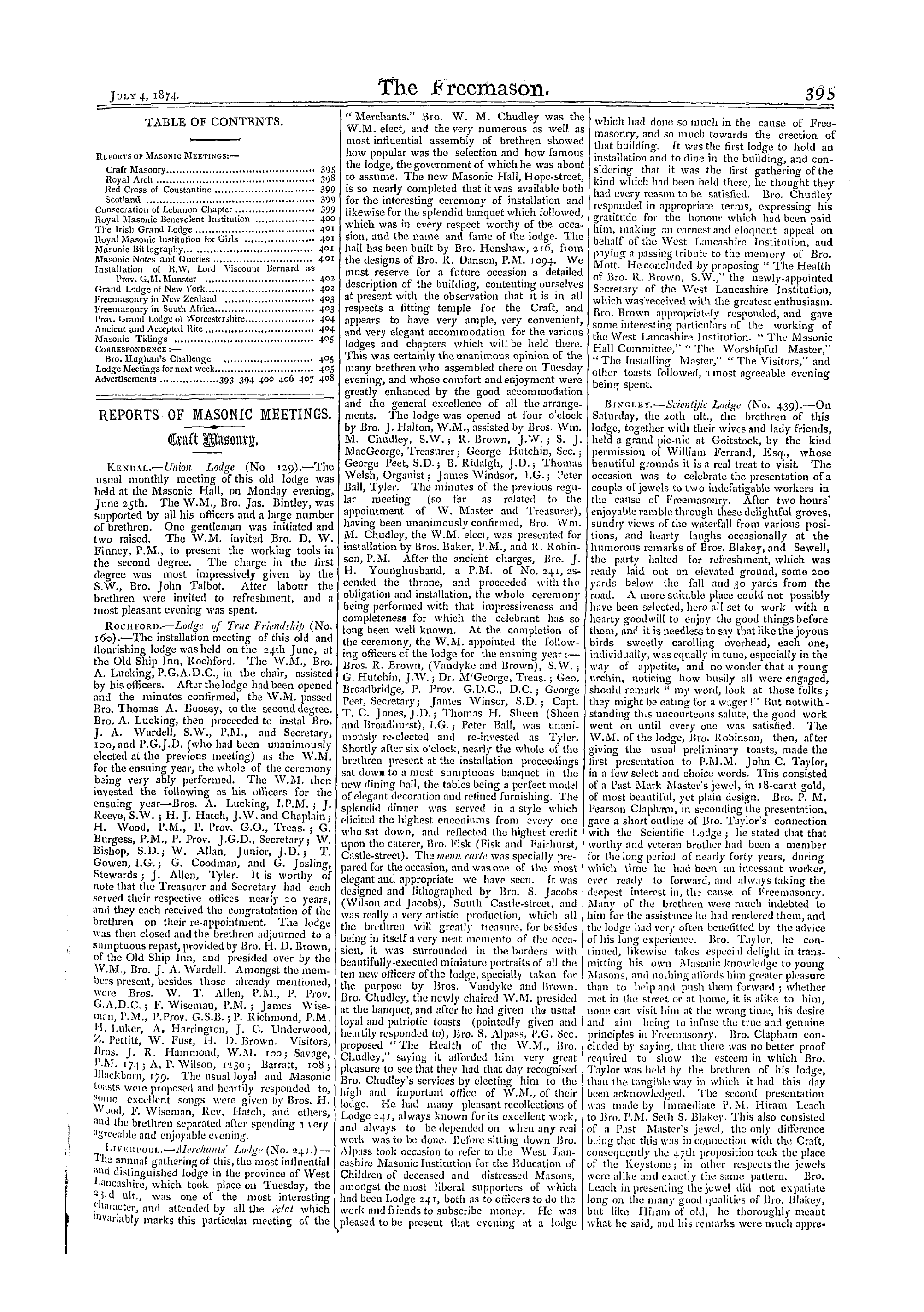 The Freemason: 1874-07-04 - Reports Of Masonic Meetings.