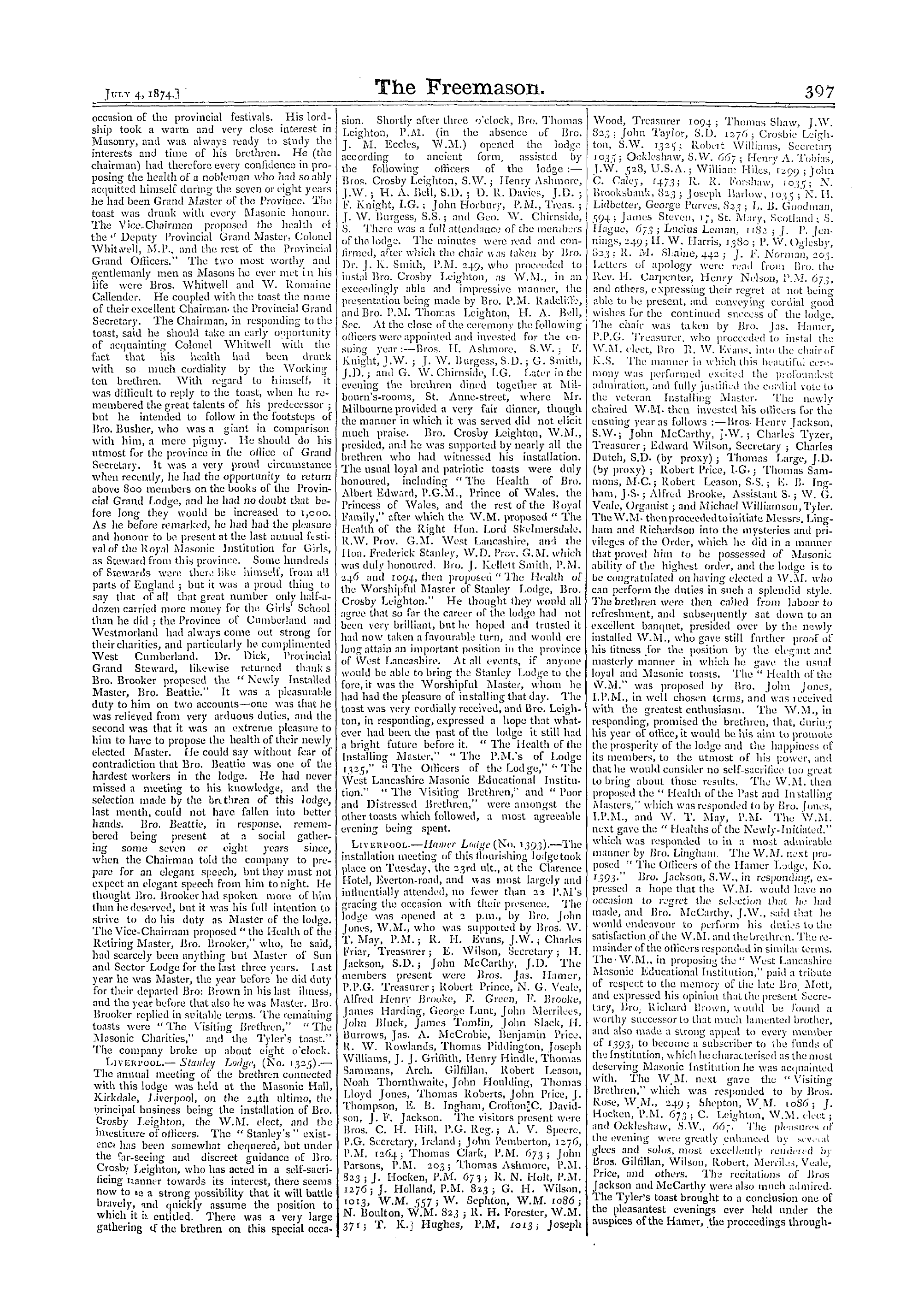 The Freemason: 1874-07-04 - Reports Of Masonic Meetings.