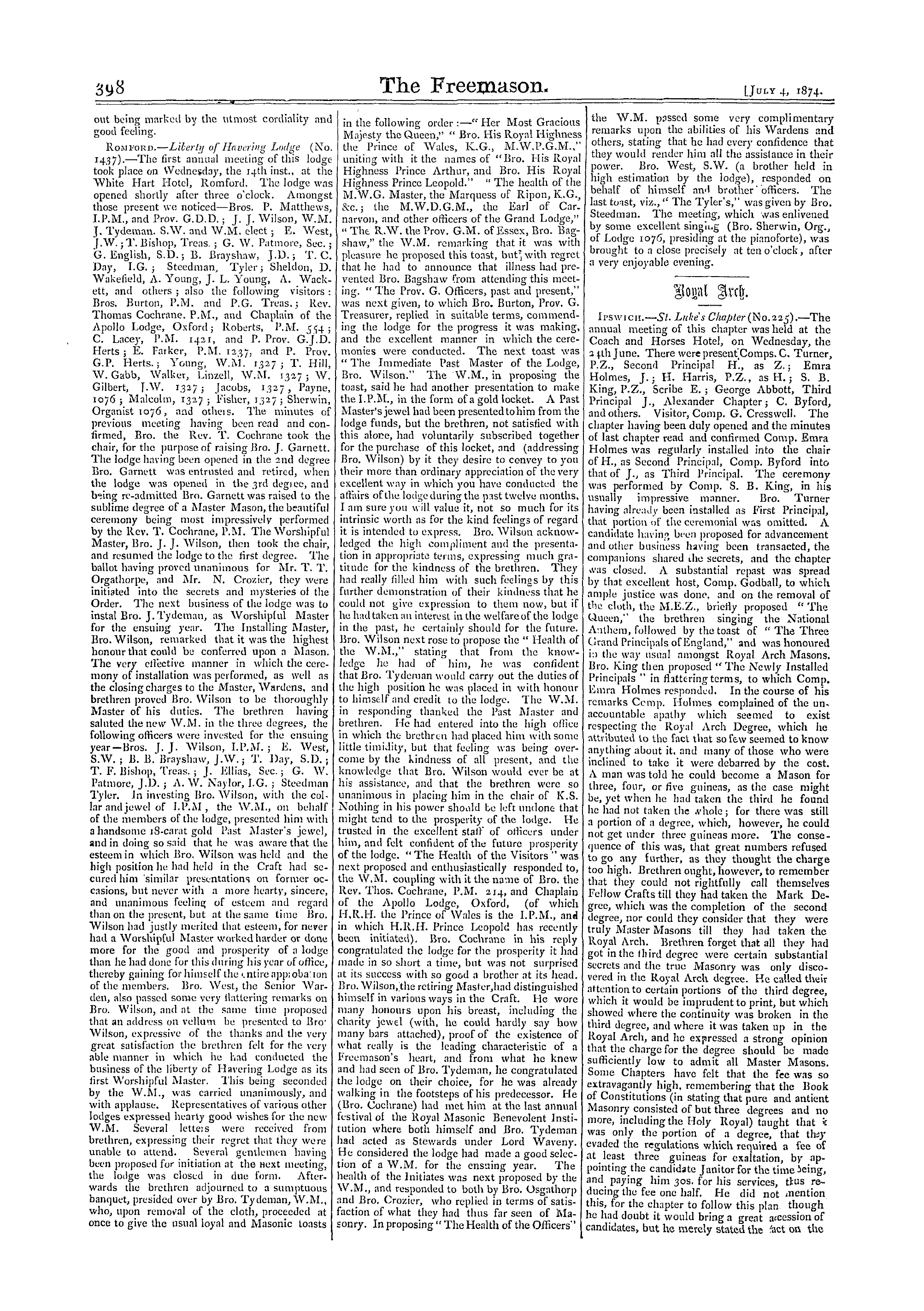 The Freemason: 1874-07-04 - Reports Of Masonic Meetings.