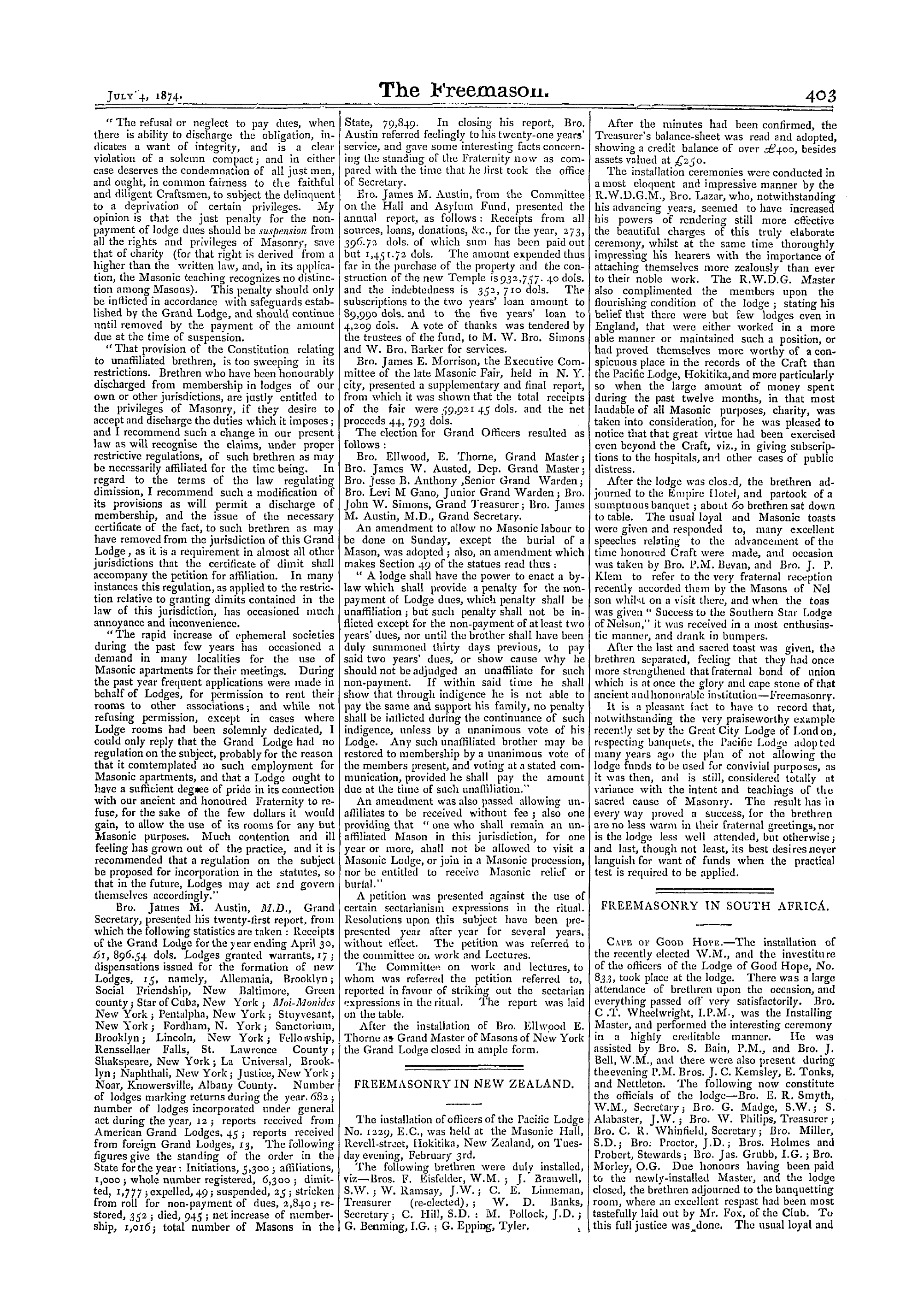 The Freemason: 1874-07-04 - Grand Lodge Of New York.