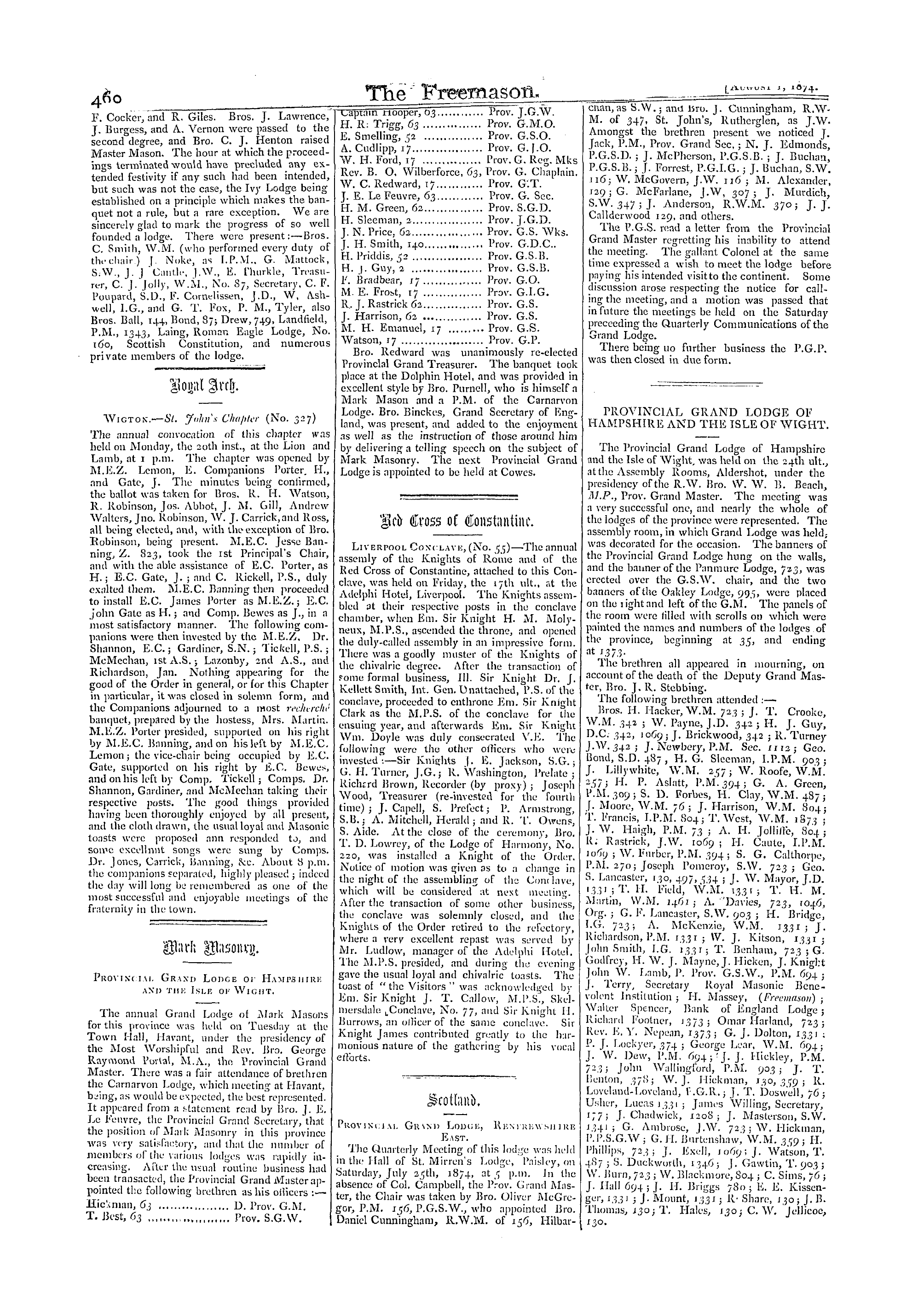 The Freemason: 1874-08-01 - Reports Of Masonic Meetings.