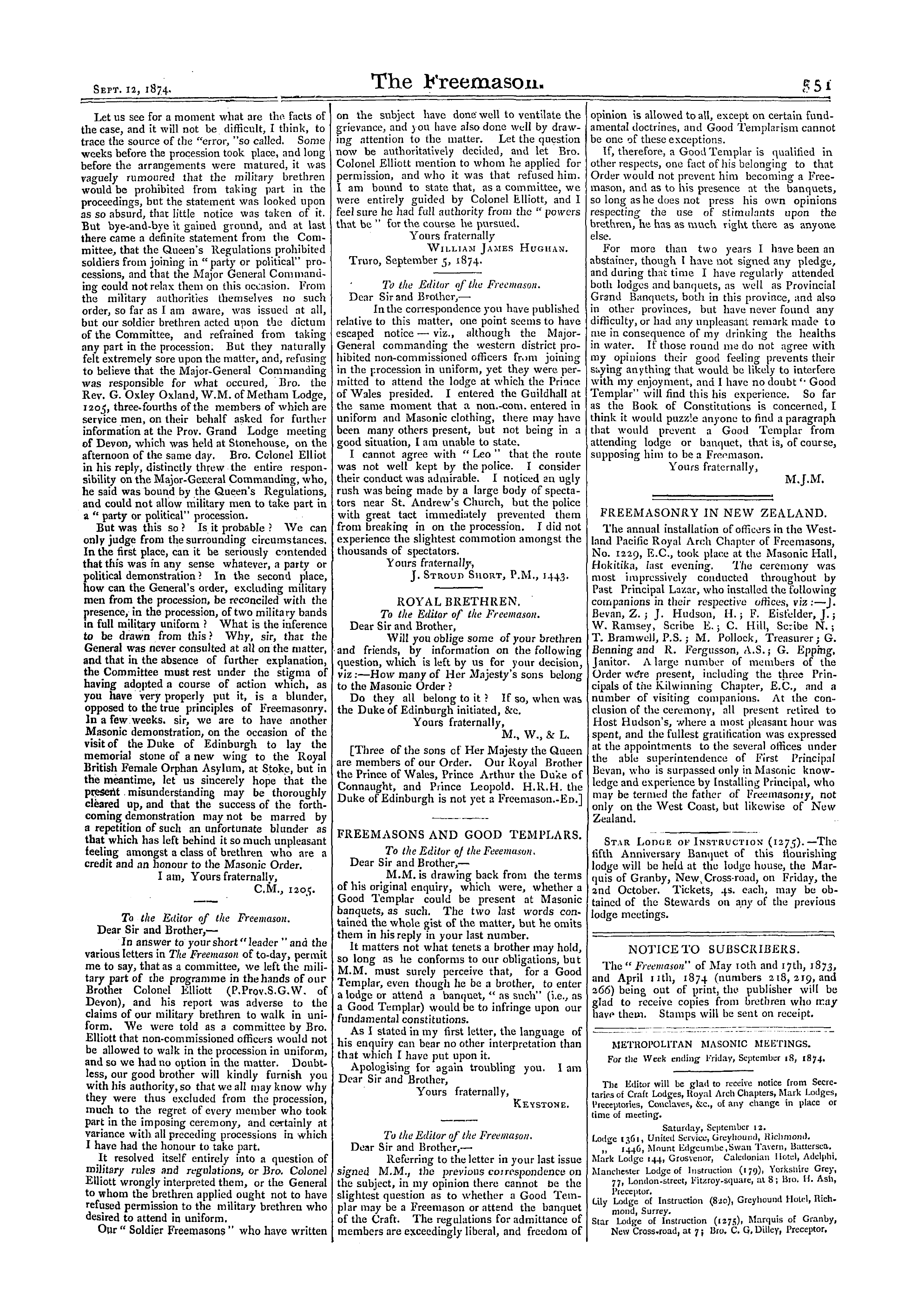 The Freemason: 1874-09-12 - Metropolitan Masonic Meetings.