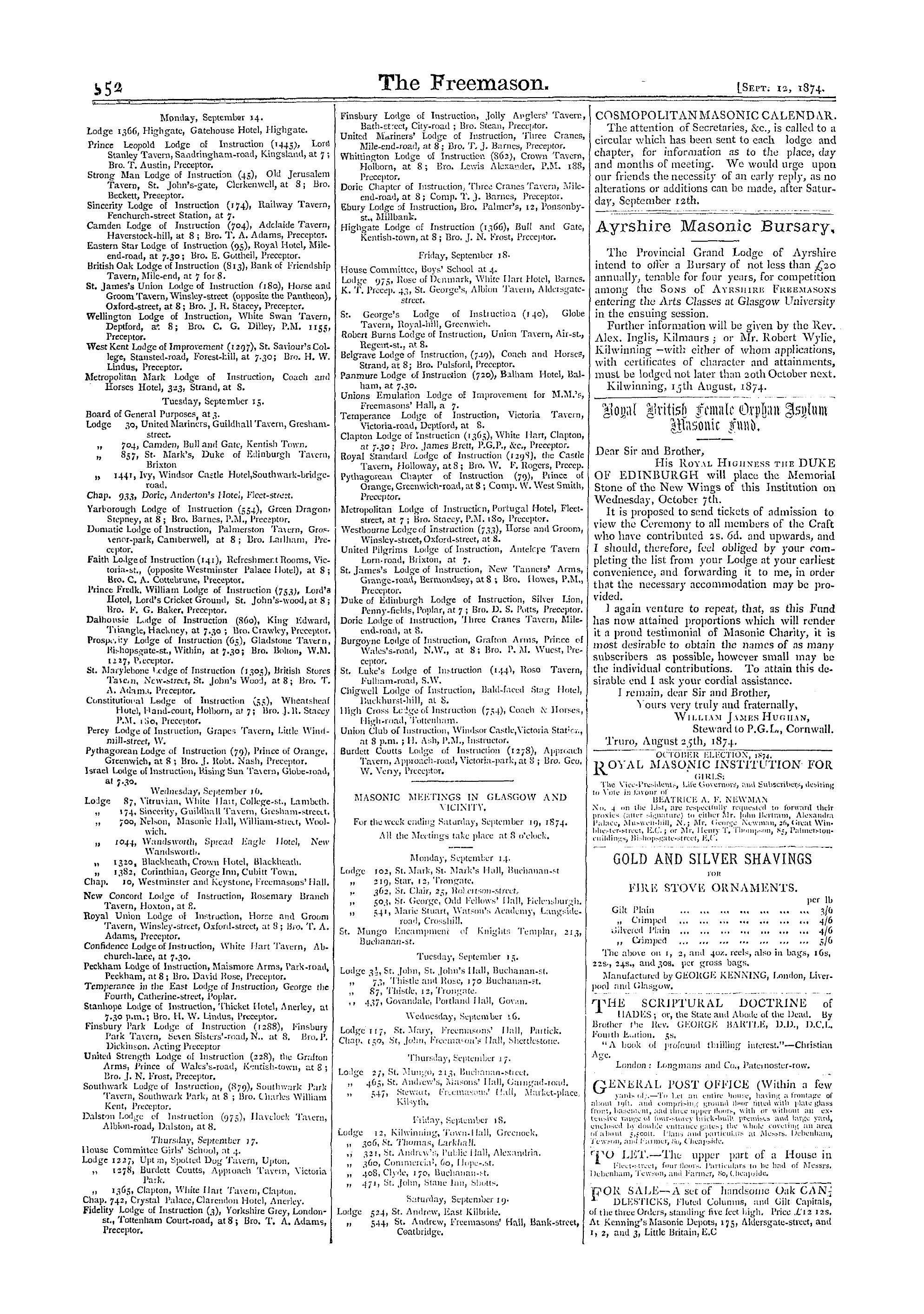 The Freemason: 1874-09-12 - Metropolitan Masonic Meetings.