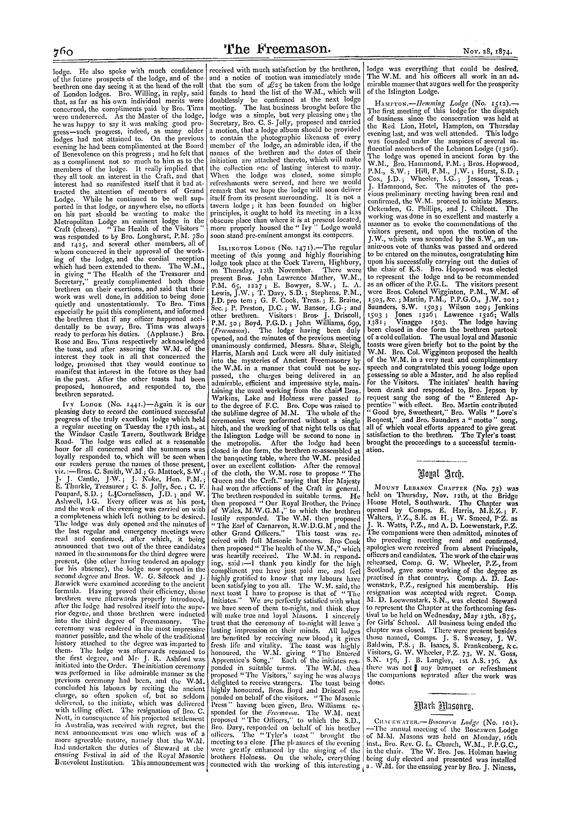 The Freemason: 1874-11-28 - Reports Of Masonic Meetings.