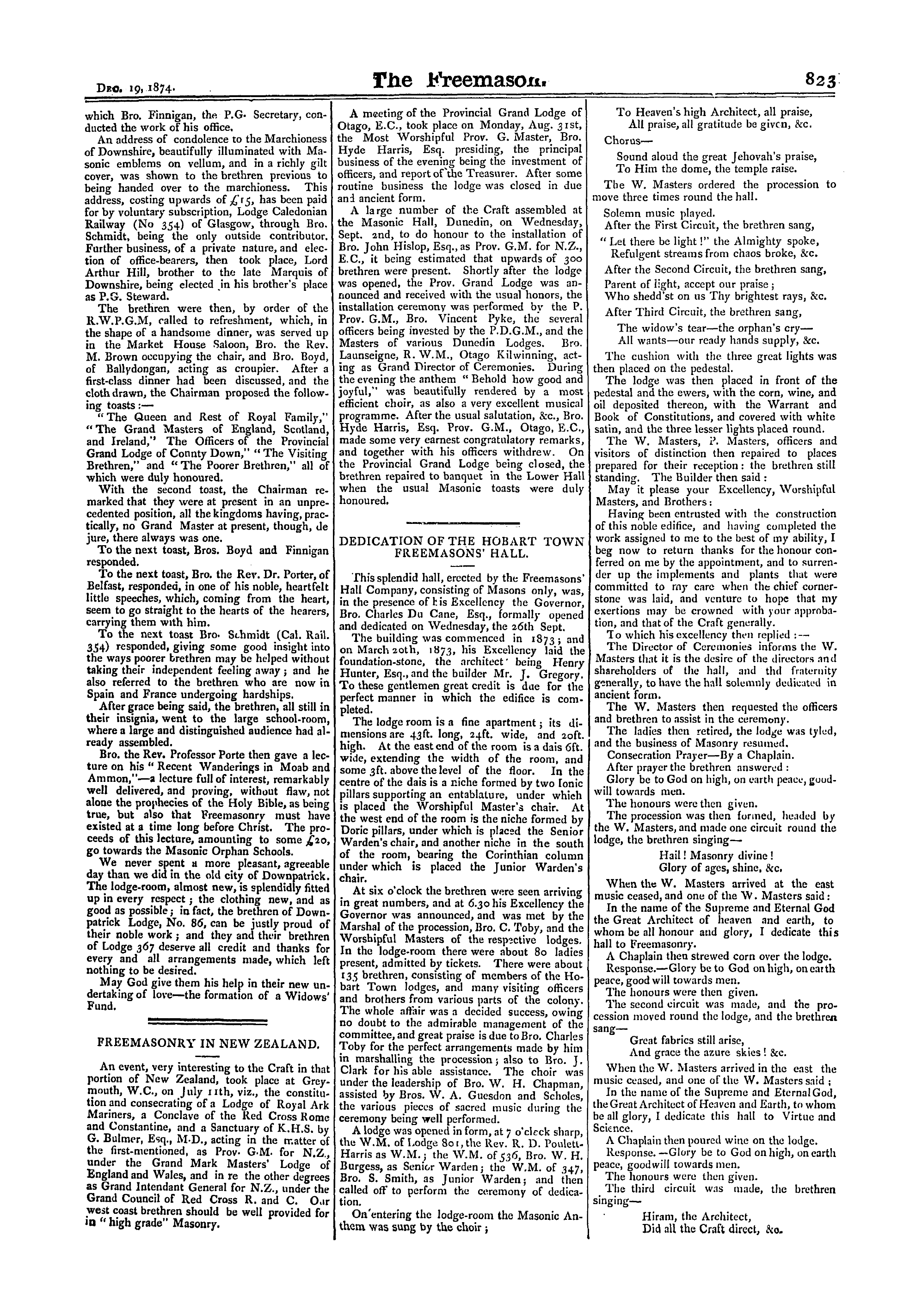 The Freemason: 1874-12-19 - Dedication Of The Hobart Town Freemasons' Hall.