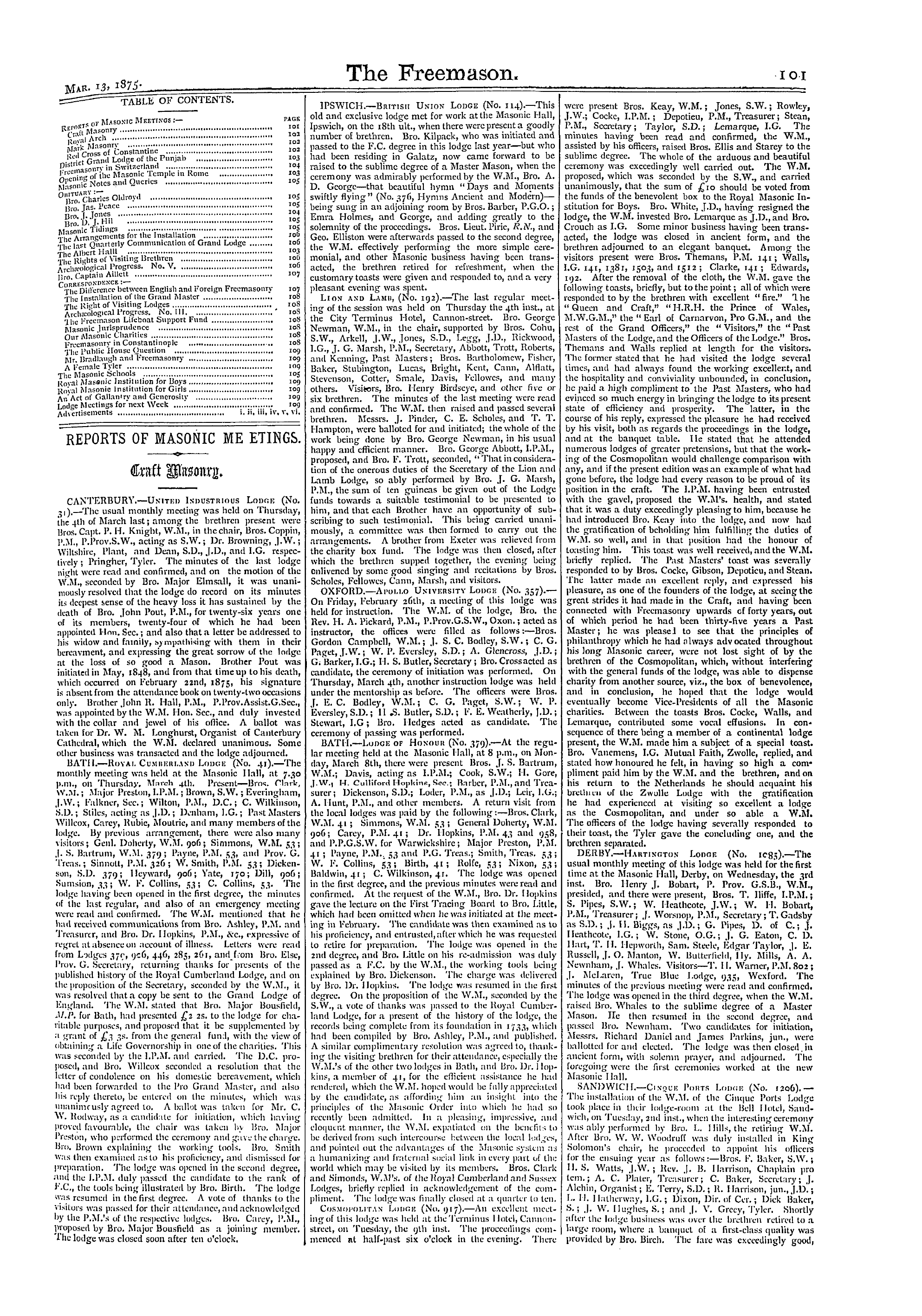 The Freemason: 1875-03-13 - Reports Of Masonic Meetings.