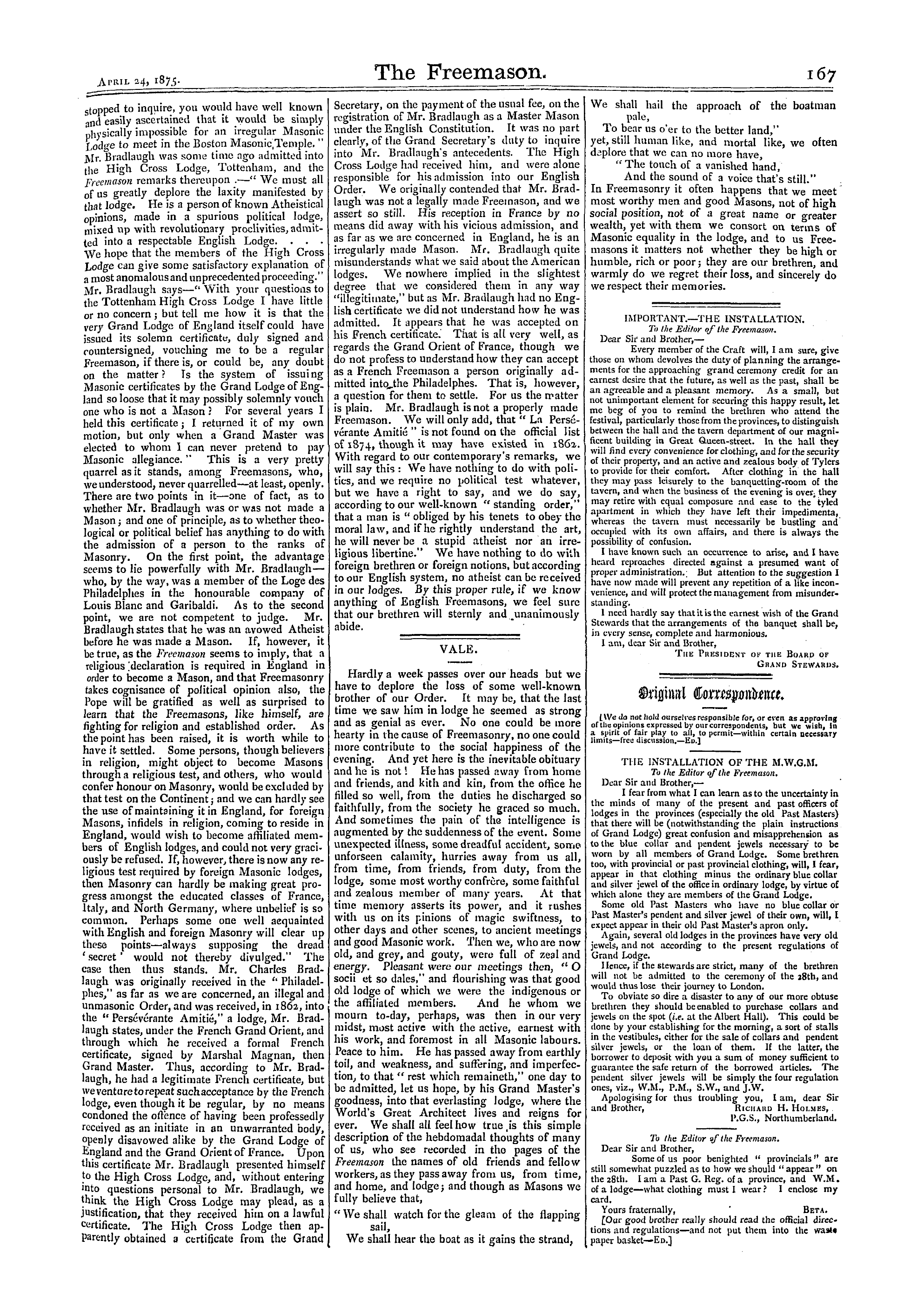 The Freemason: 1875-04-24 - Mr. Charles Bradlaugh.