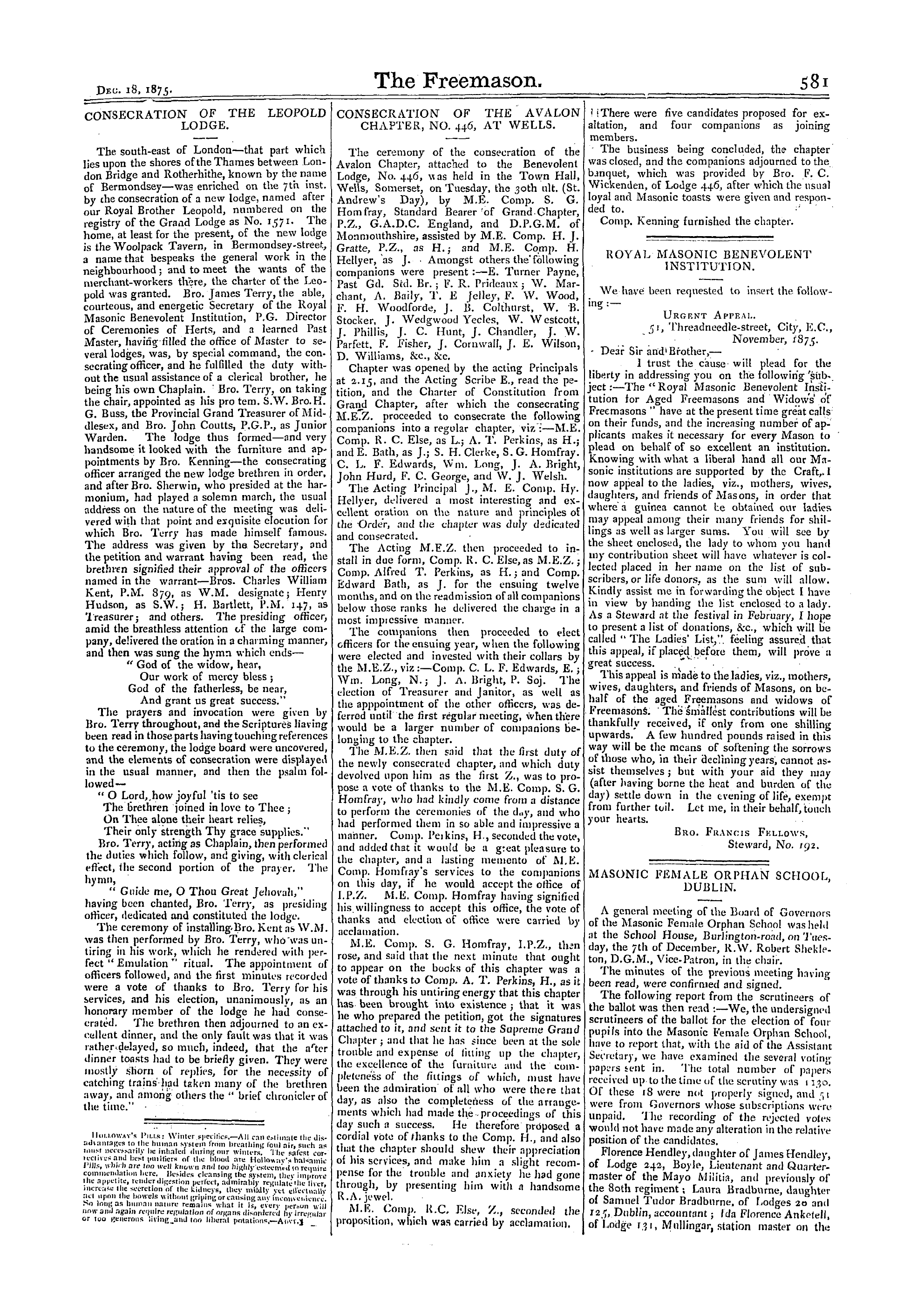 The Freemason: 1875-12-18 - Consecration Of The Avalon Chapter, No. 446, At Wells.