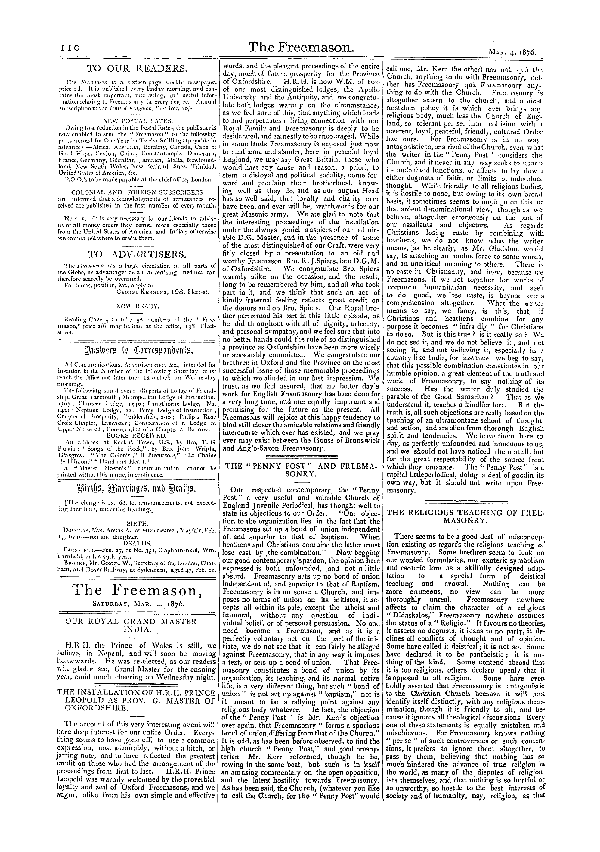 The Freemason: 1876-03-04 - The "Penny Post" And Freemasonry.