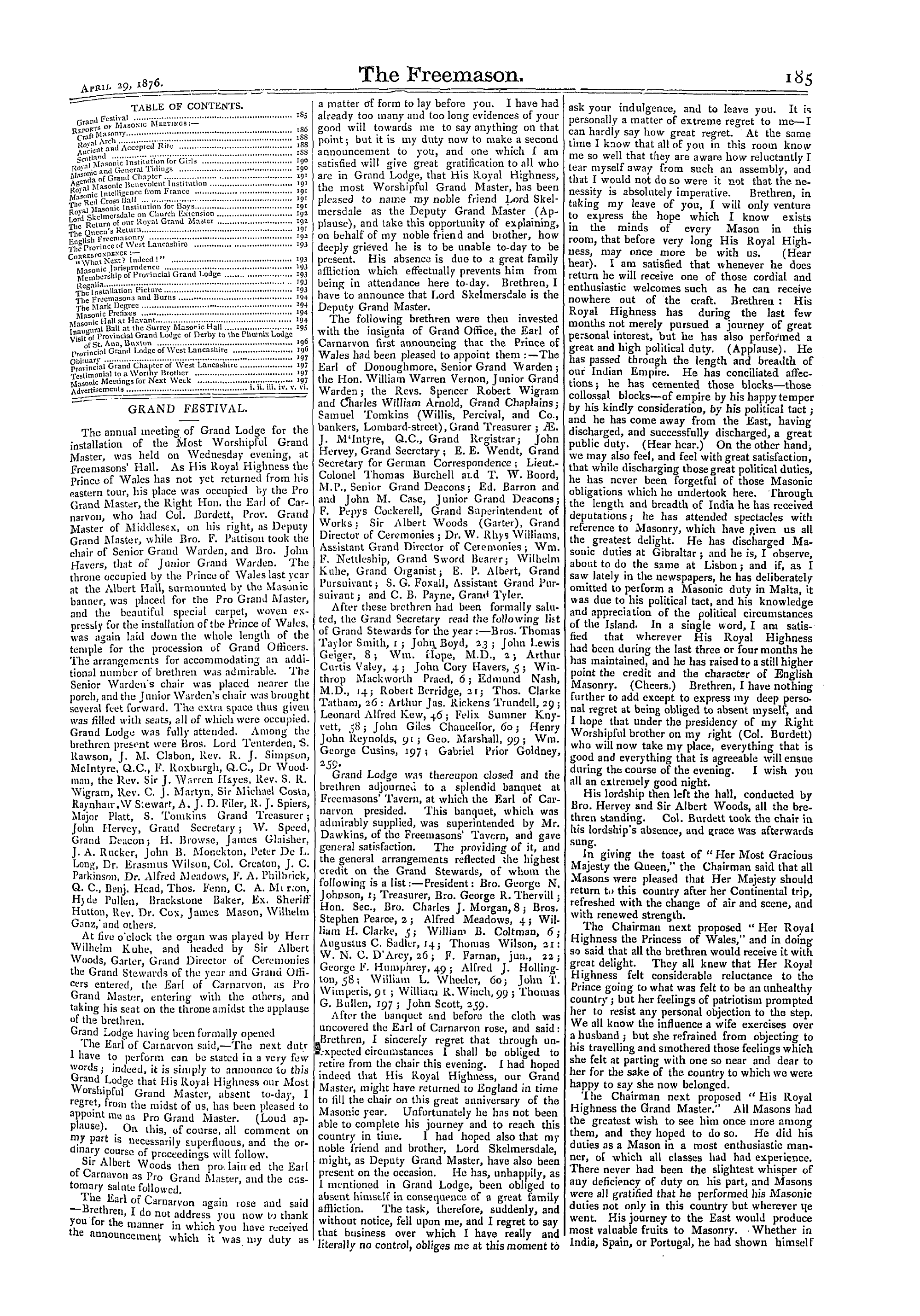 The Freemason: 1876-04-29 - Grand Festival.