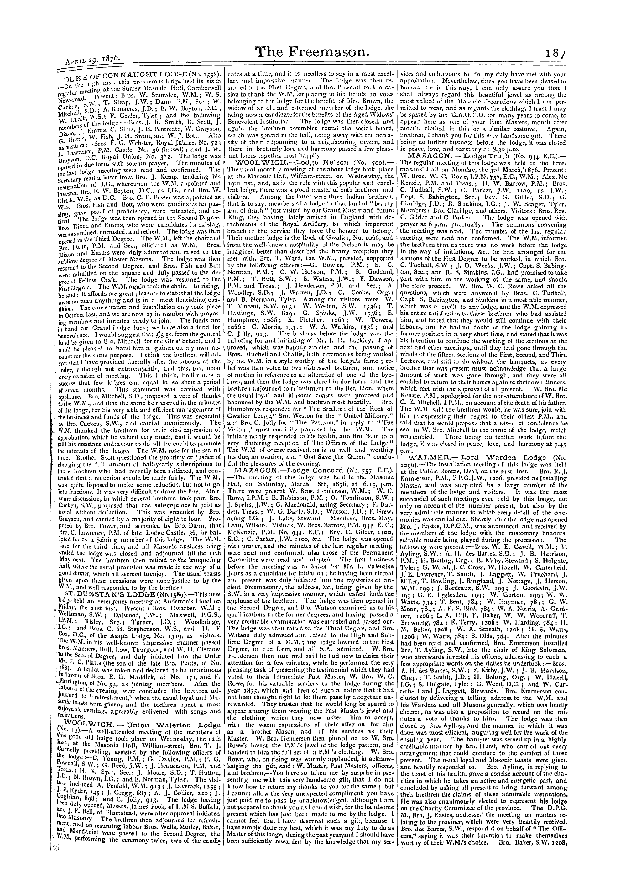 The Freemason: 1876-04-29 - Reports Of Masonic Meetings.