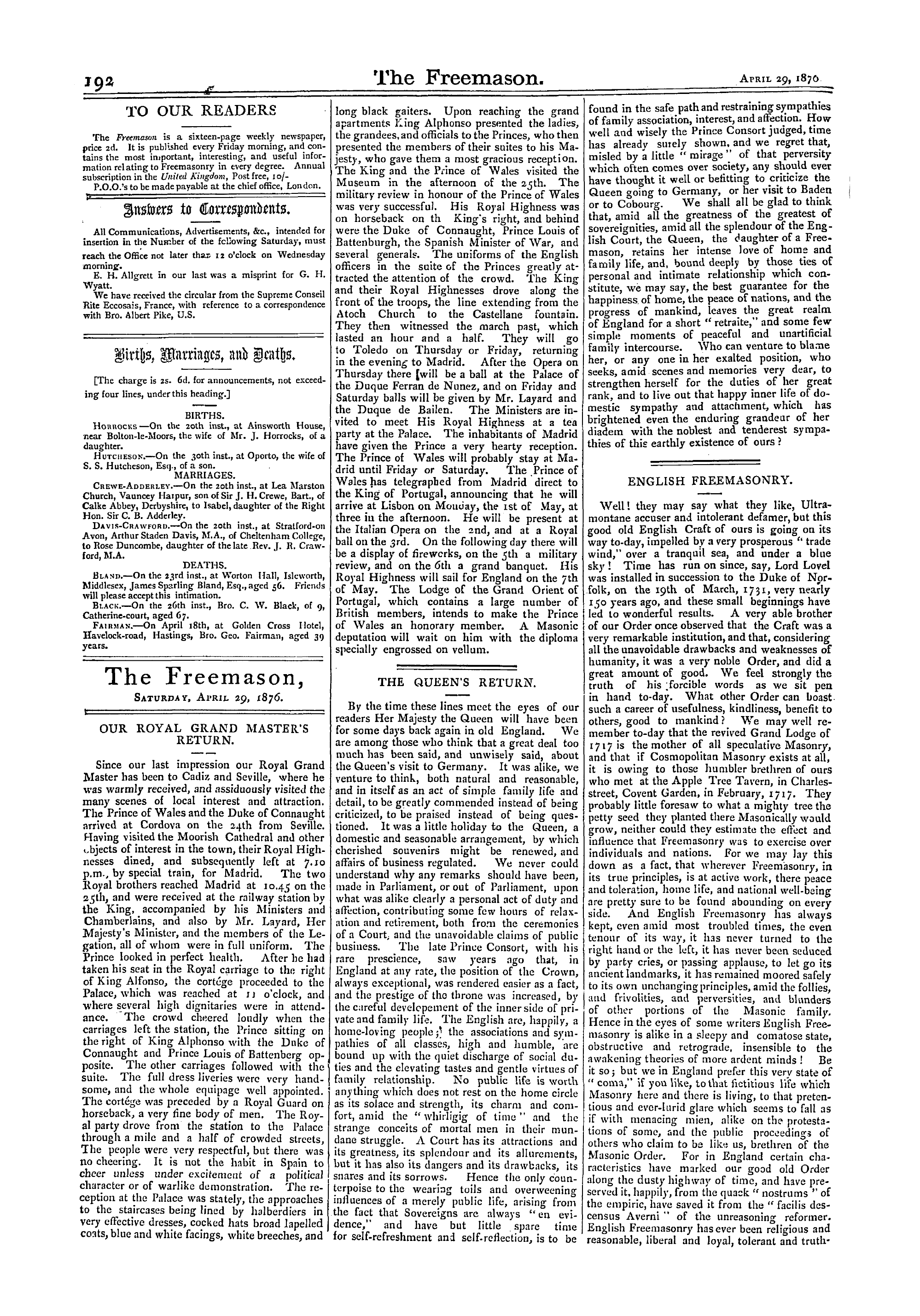 The Freemason: 1876-04-29 - Births, Marriages, And Deaths.