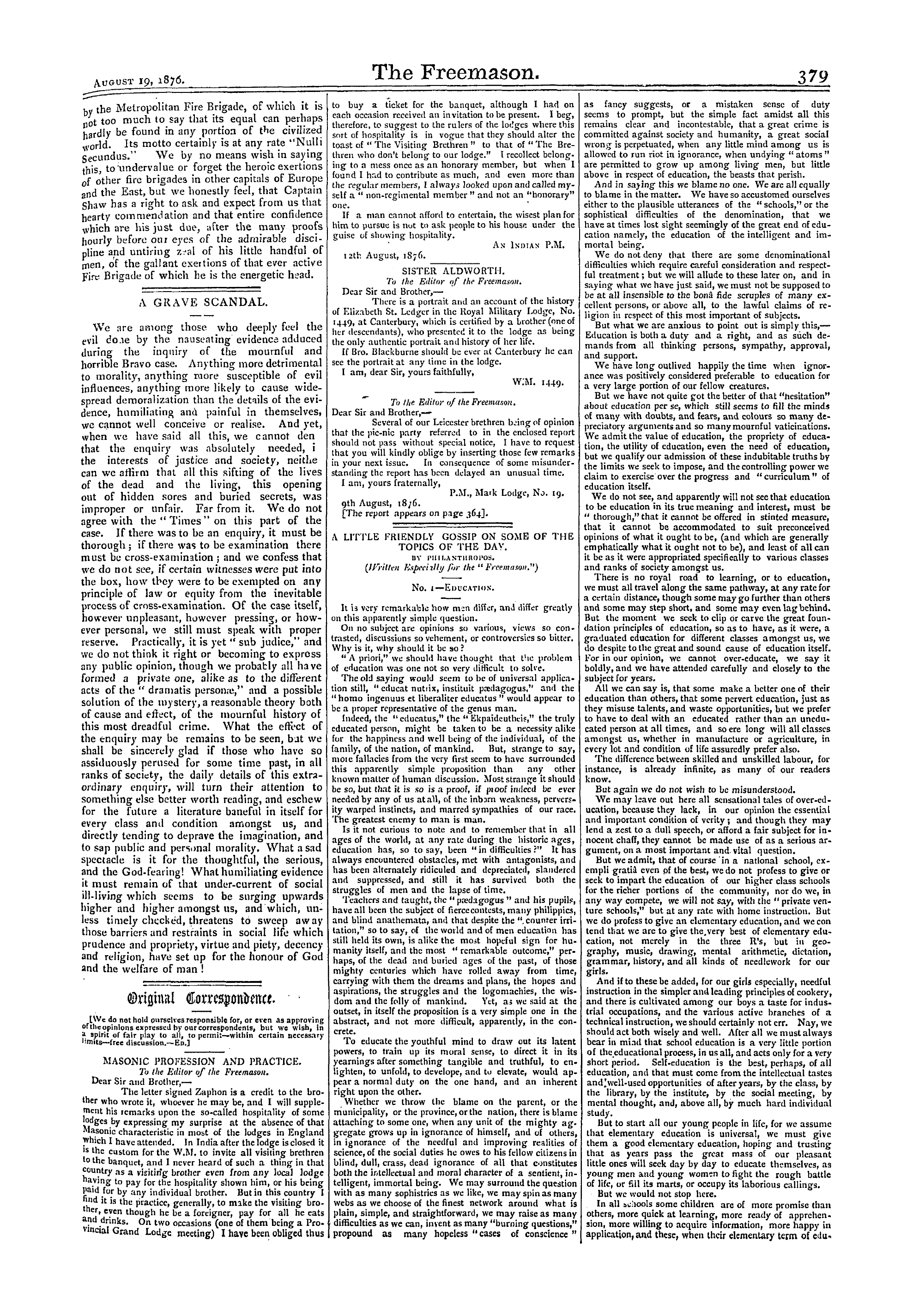 The Freemason: 1876-08-19 - Fireman Lee.