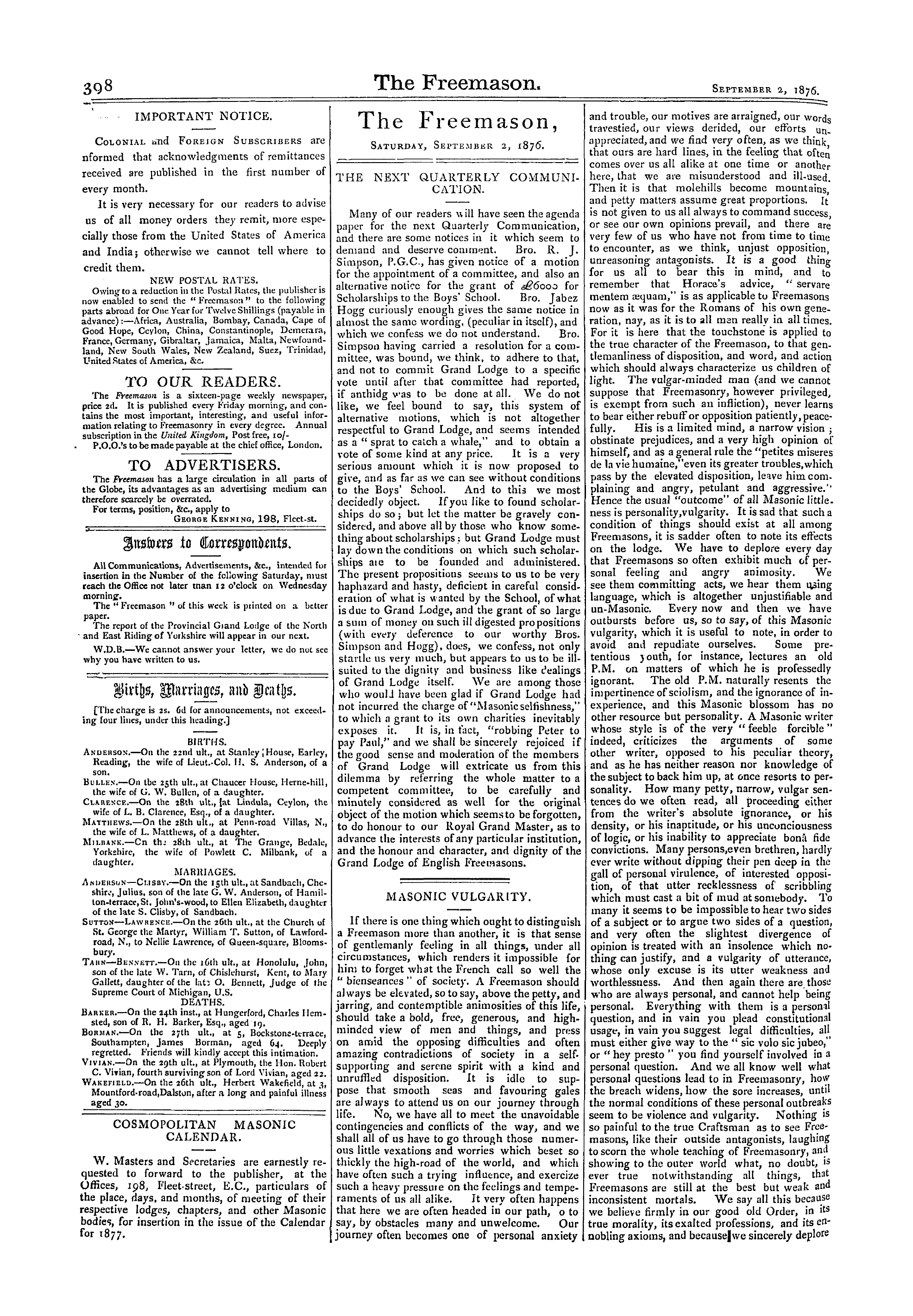 The Freemason: 1876-09-02 - Answers To Correspondents.