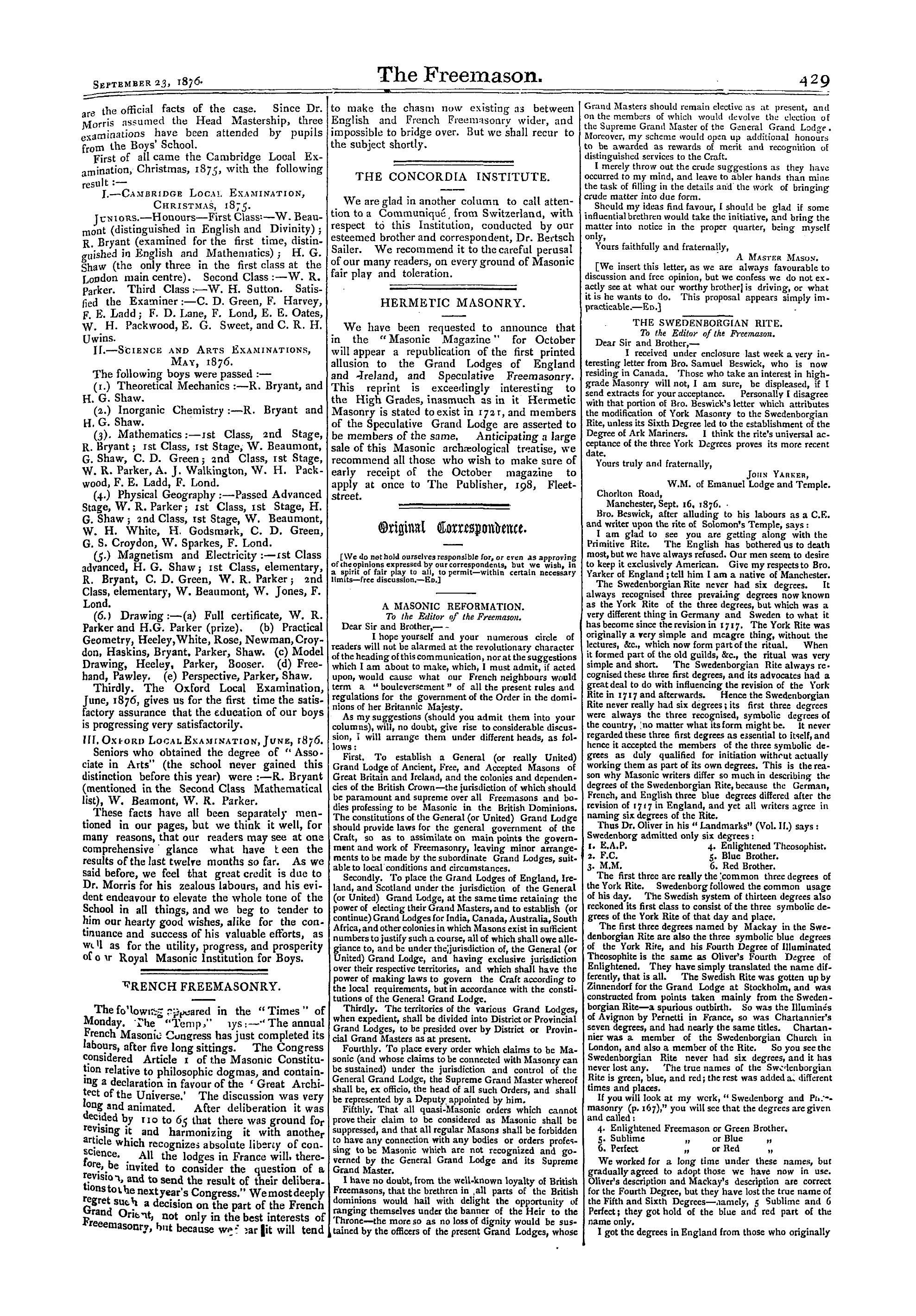 The Freemason: 1876-09-23 - Original Correspondence.