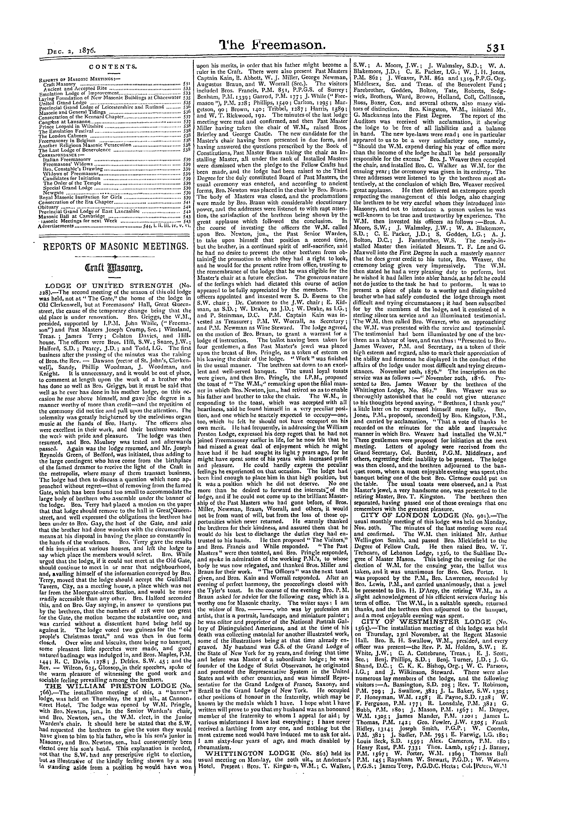 The Freemason: 1876-12-02 - Reports Of Masonic Meetings.