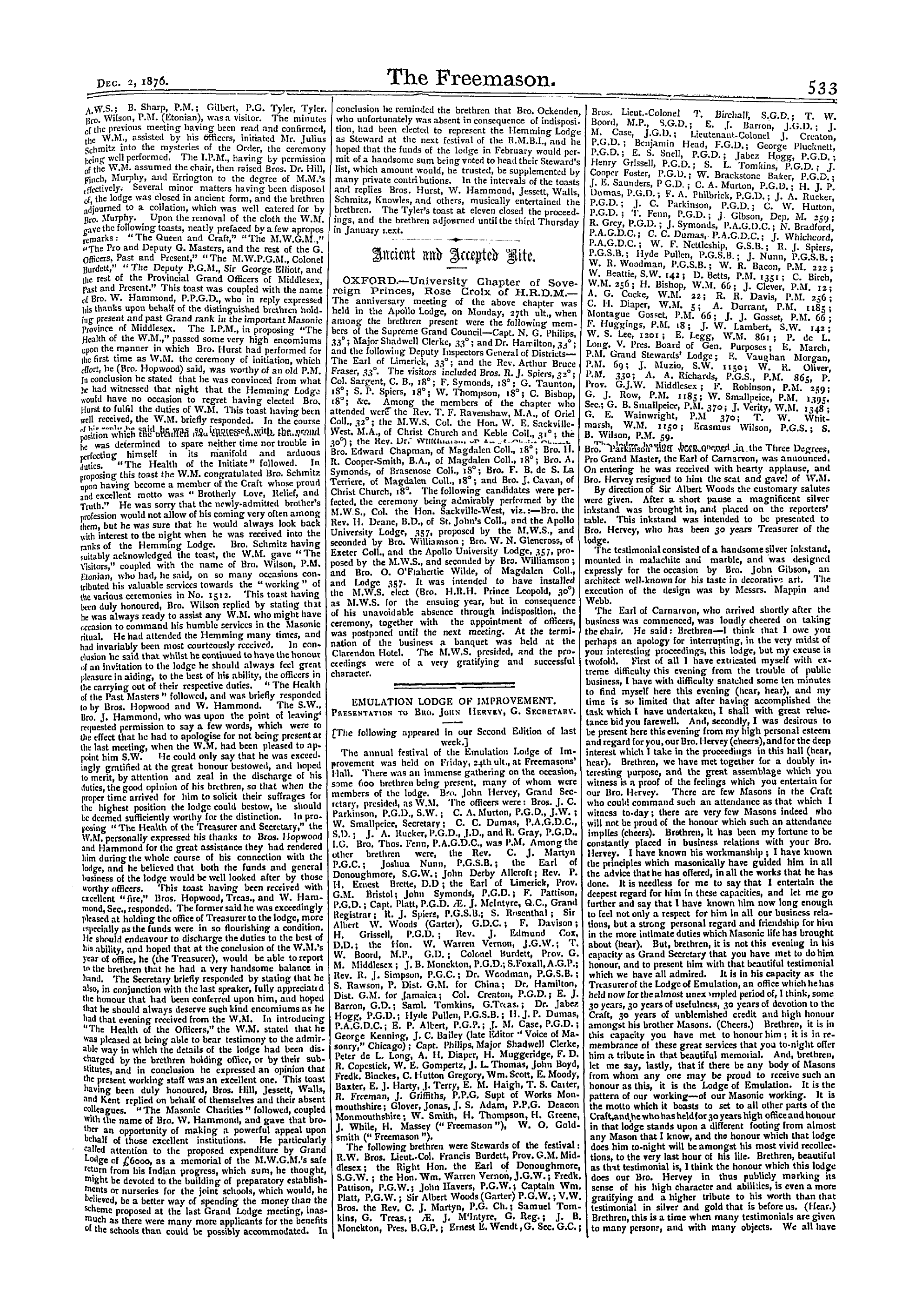 The Freemason: 1876-12-02 - Reports Of Masonic Meetings.