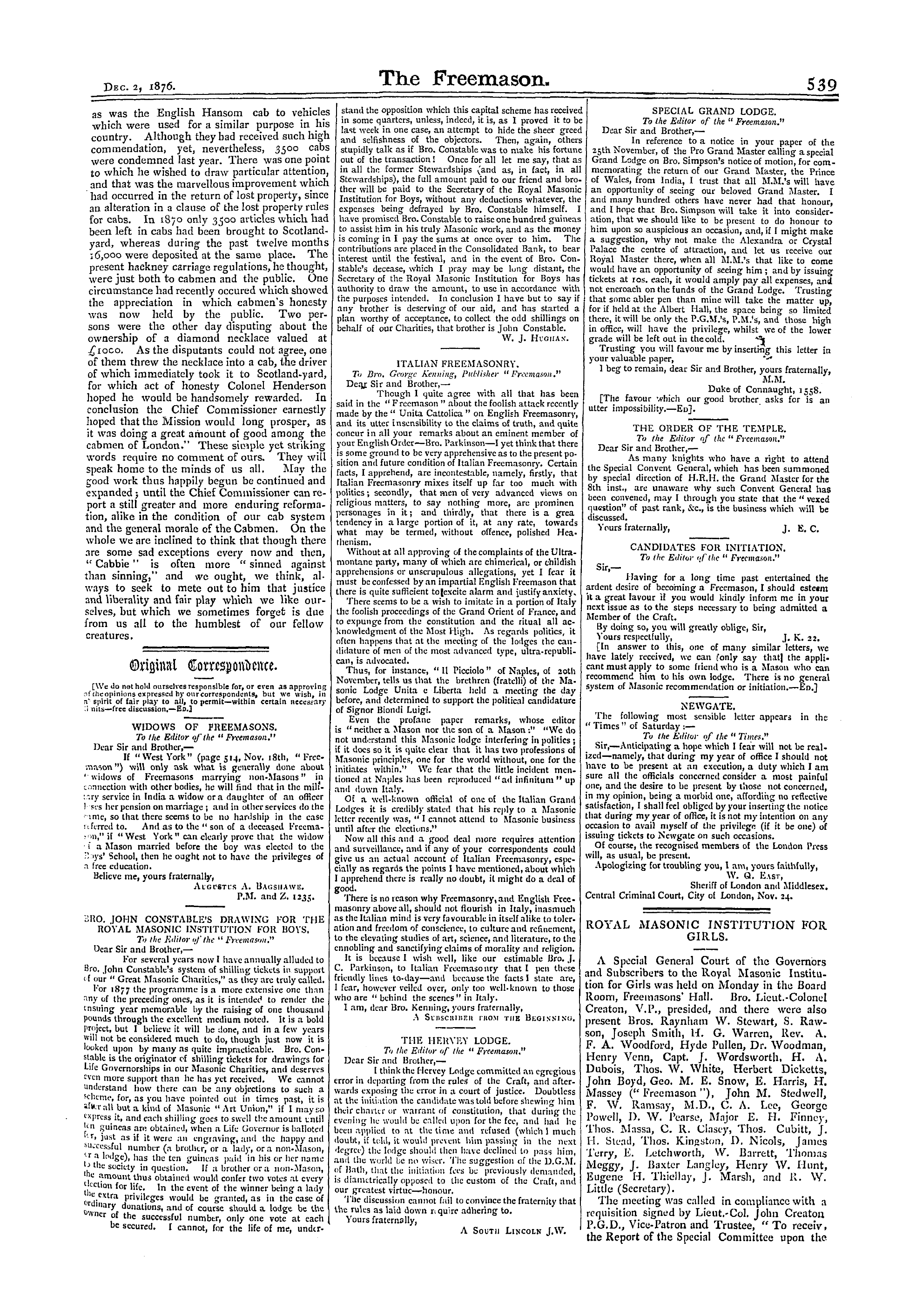 The Freemason: 1876-12-02 - Original Correspondence.