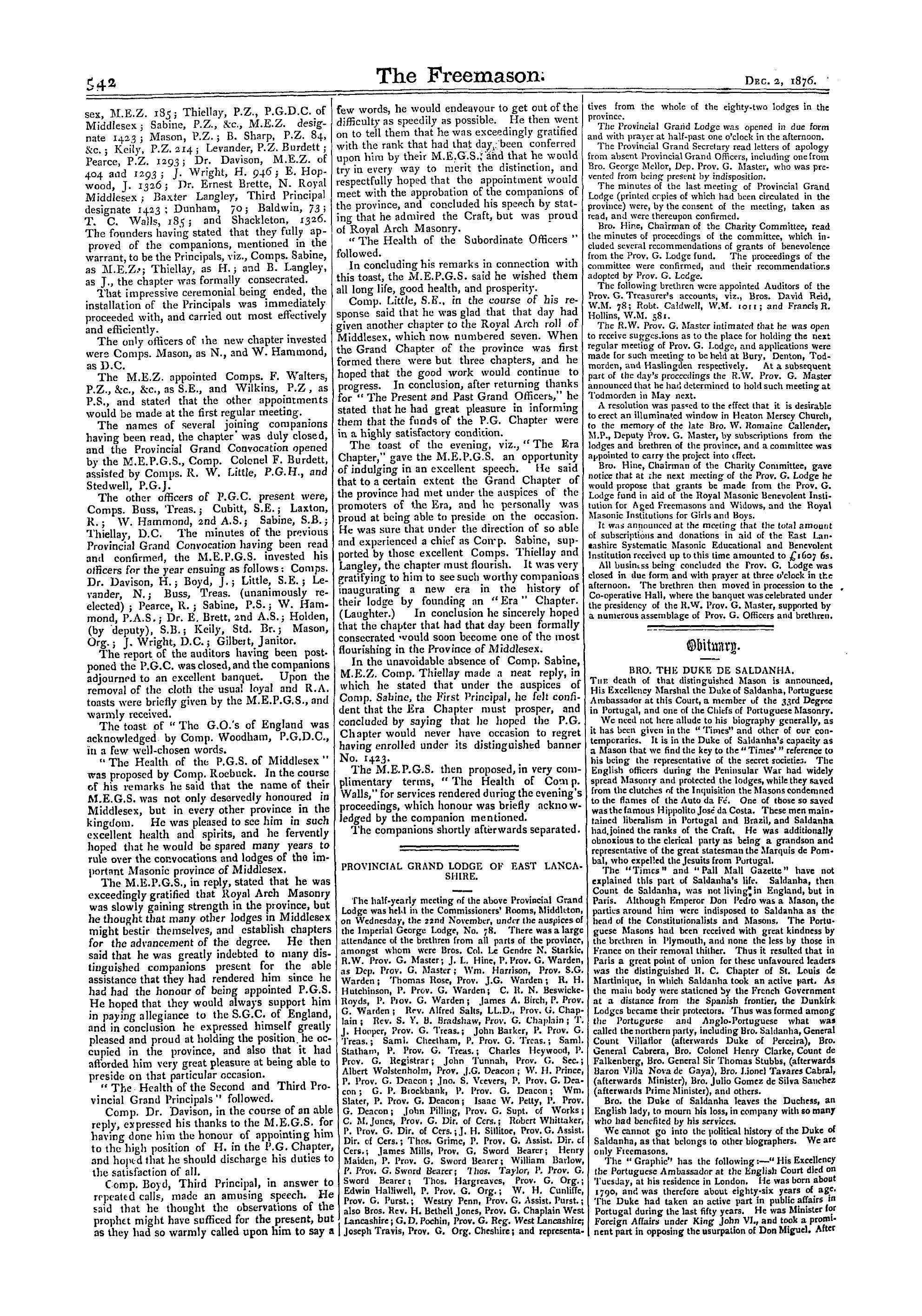 The Freemason: 1876-12-02 - Consecration Of The Era Chapter, No. 1423.