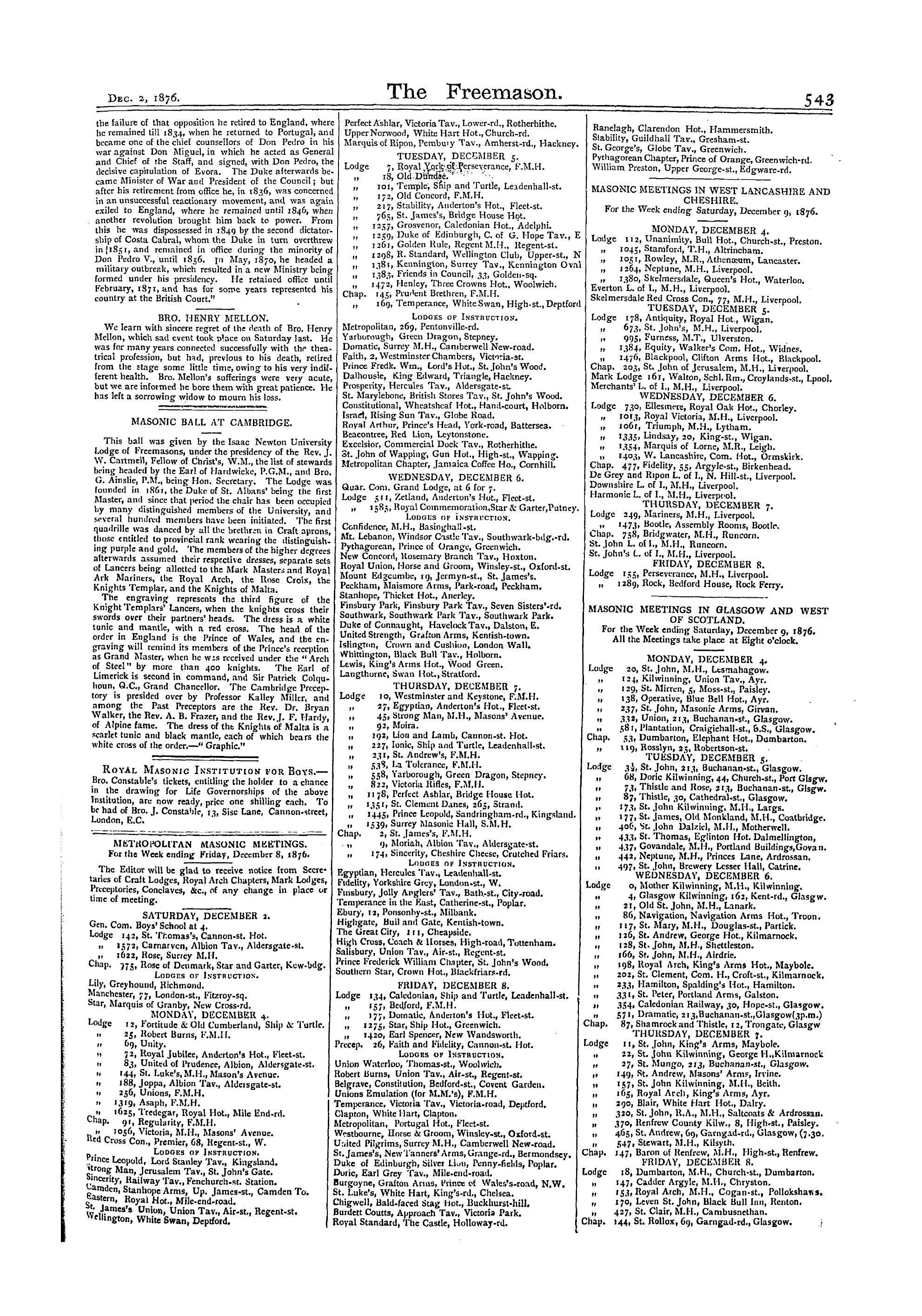 The Freemason: 1876-12-02 - Masonic Meetings In West Lancashire And Cheshire.