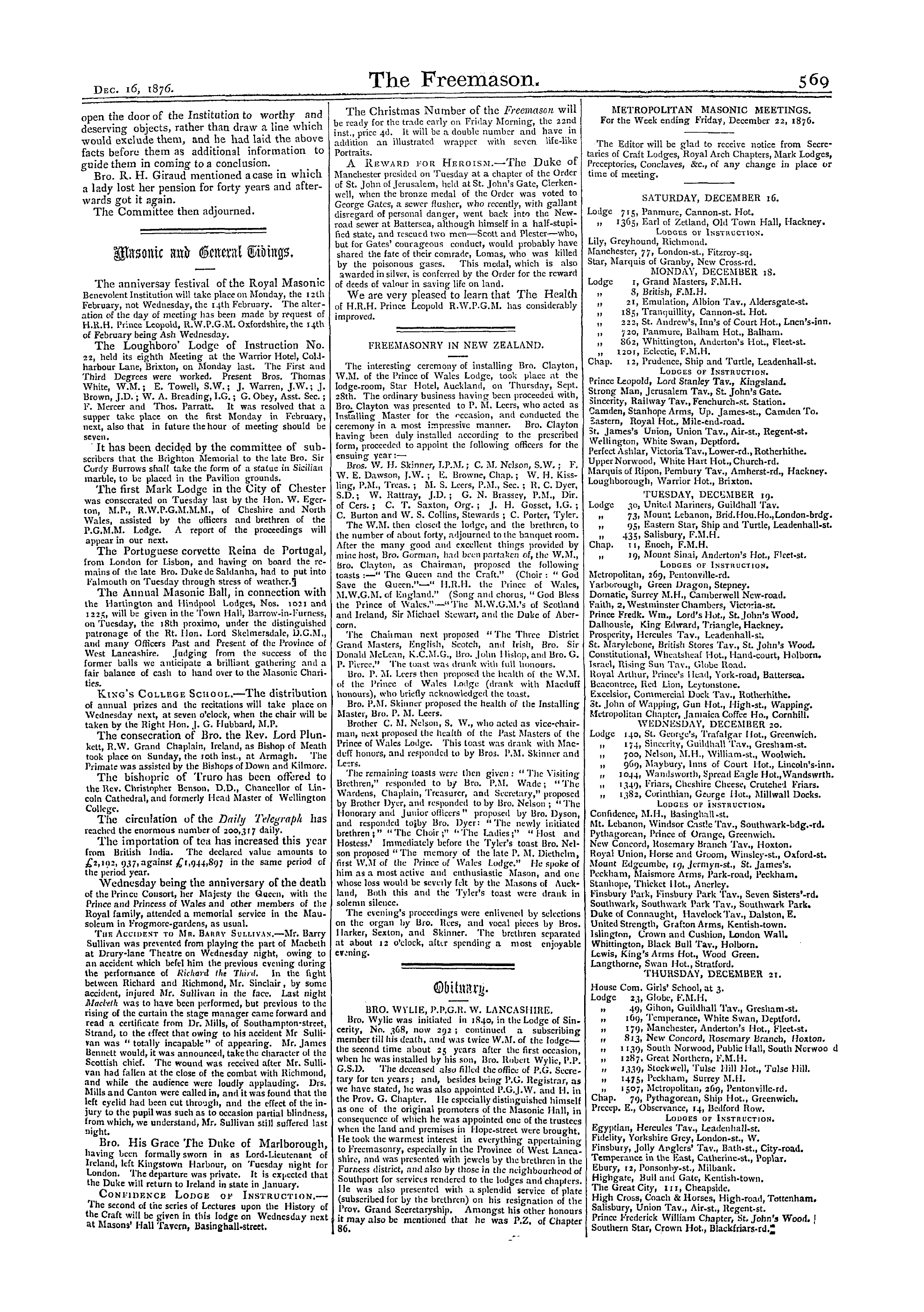 The Freemason: 1876-12-16 - Masonic And General Tidings.