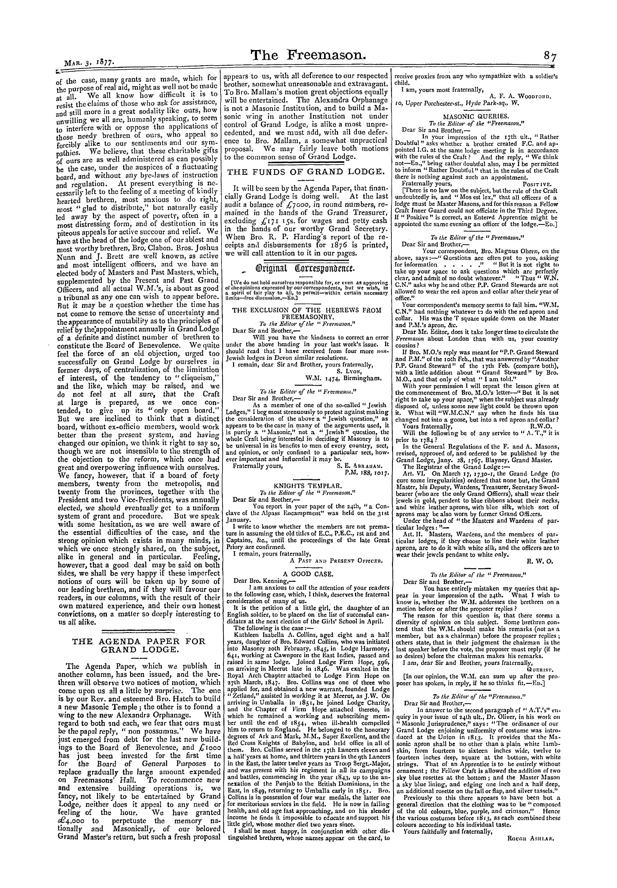 The Freemason: 1877-03-03 - The Funds Of Grand Lodge.